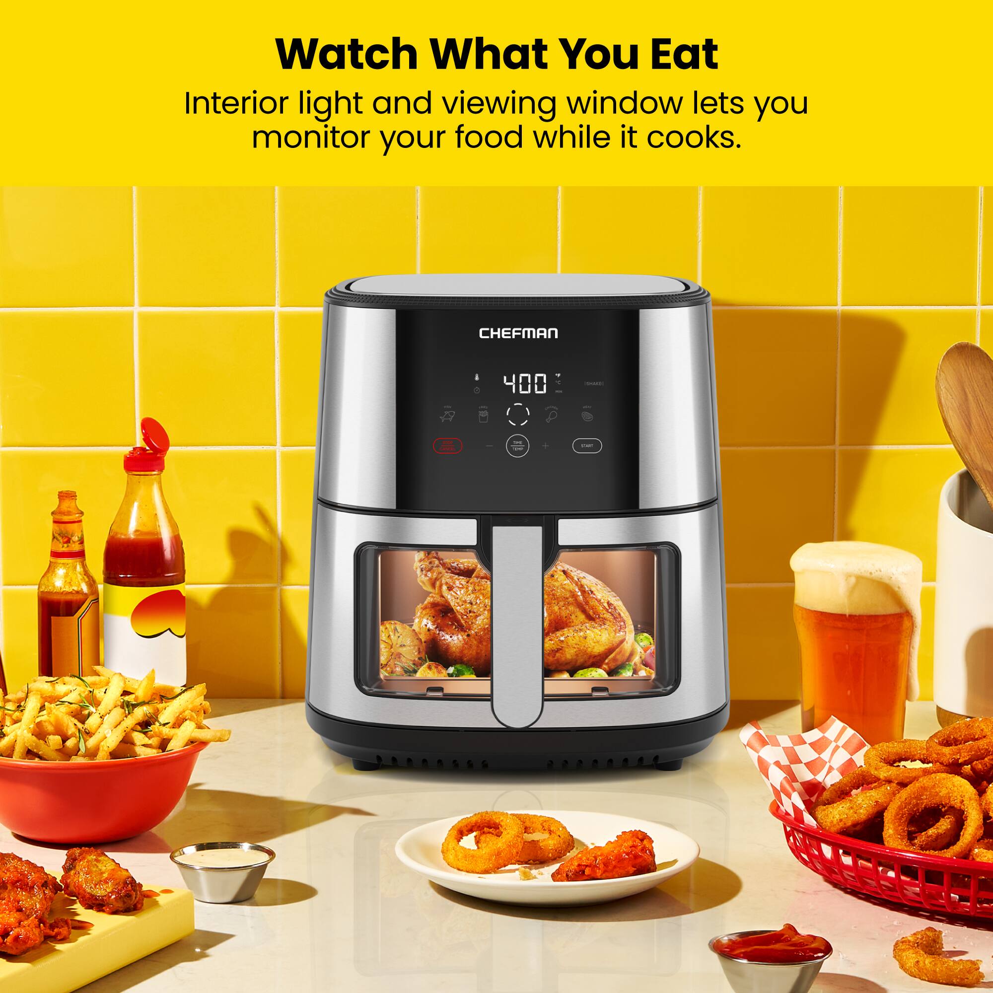 Watch What You Eat  
Interior light and viewing window lets you monitor your food while it cooks.  

CHEFMAN  
400