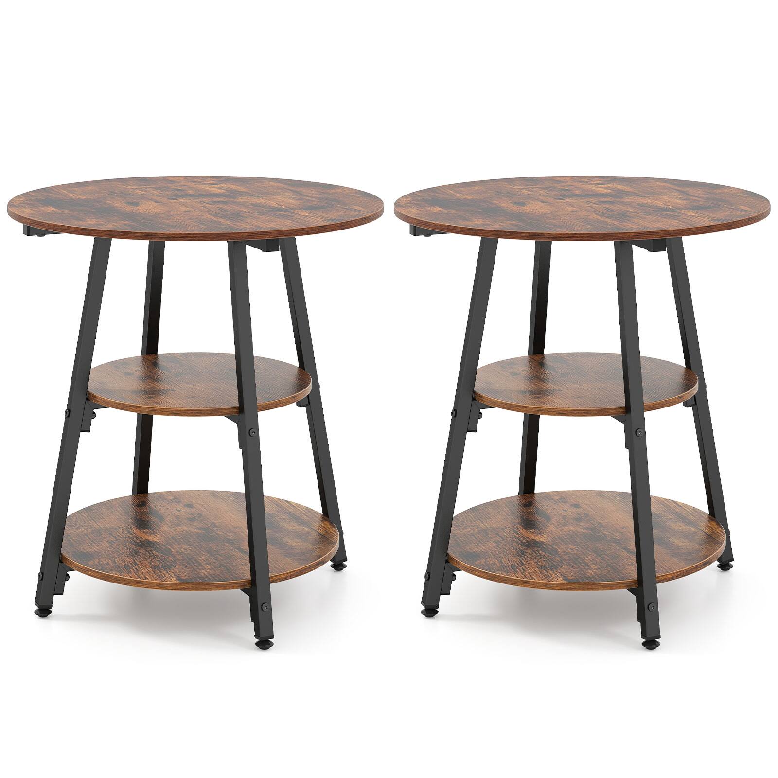 Alt View 9. Costway - Costway 2 PCS Industrial Side Tables with Storage Shelves, 3-Tier End Table with Metal Frame - Rustic Brown & Black.