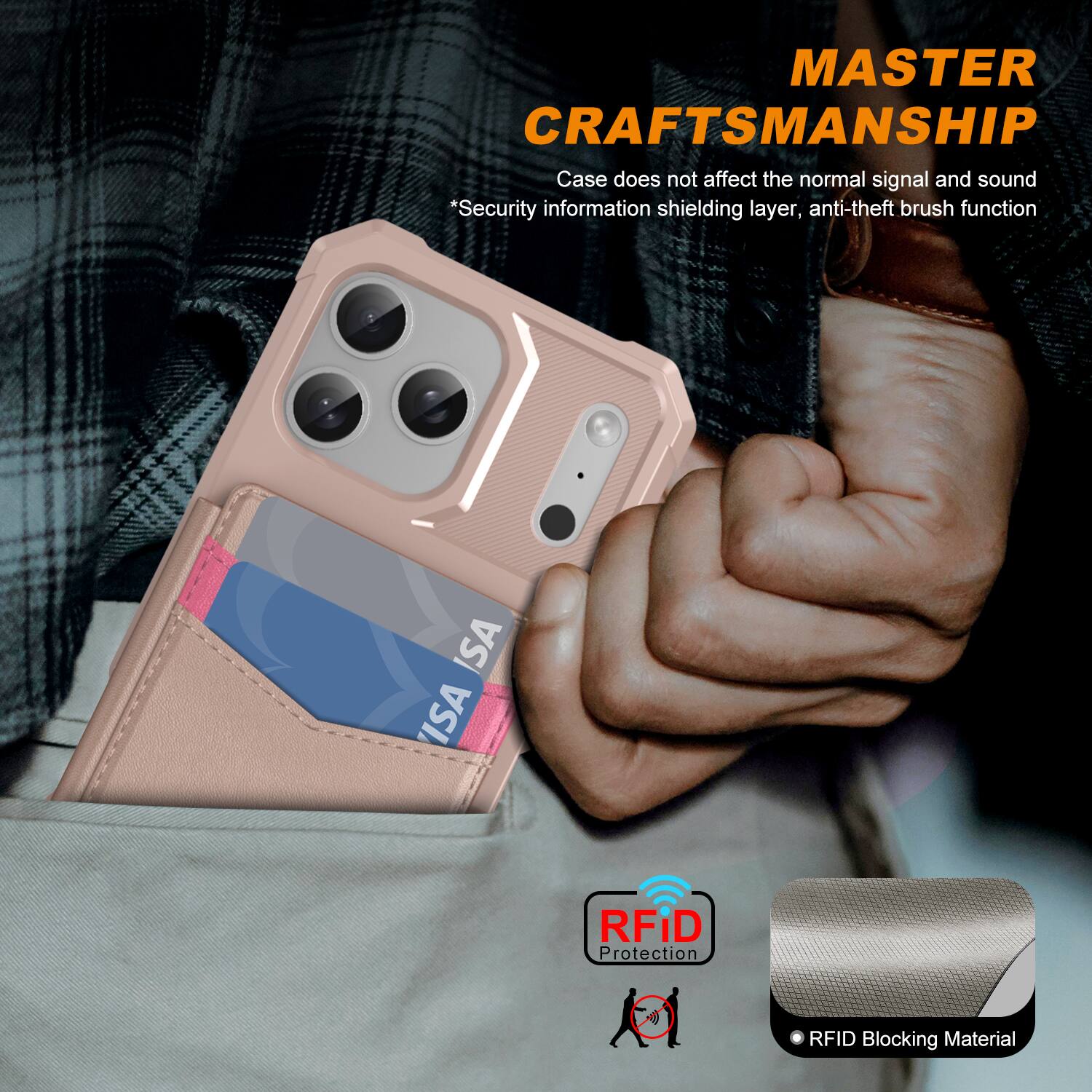 MASTER CRAFTSMANSHIP  
Case does not affect the normal signal and sound  
*Security information shielding layer, anti-theft brush function  
ISA RFID Protection  
RFID Blocking Material