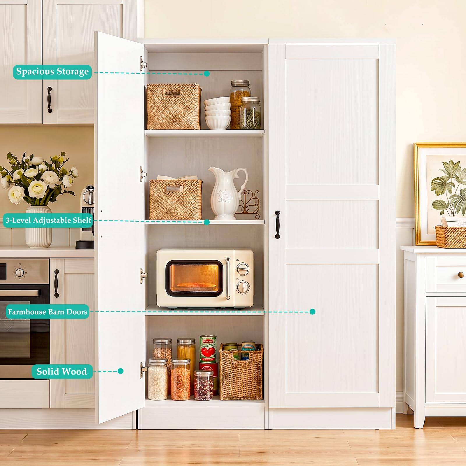 Spacious Storage  
3-Level Adjustable Shelf  
Farmhouse Barn Doors  
Solid Wood