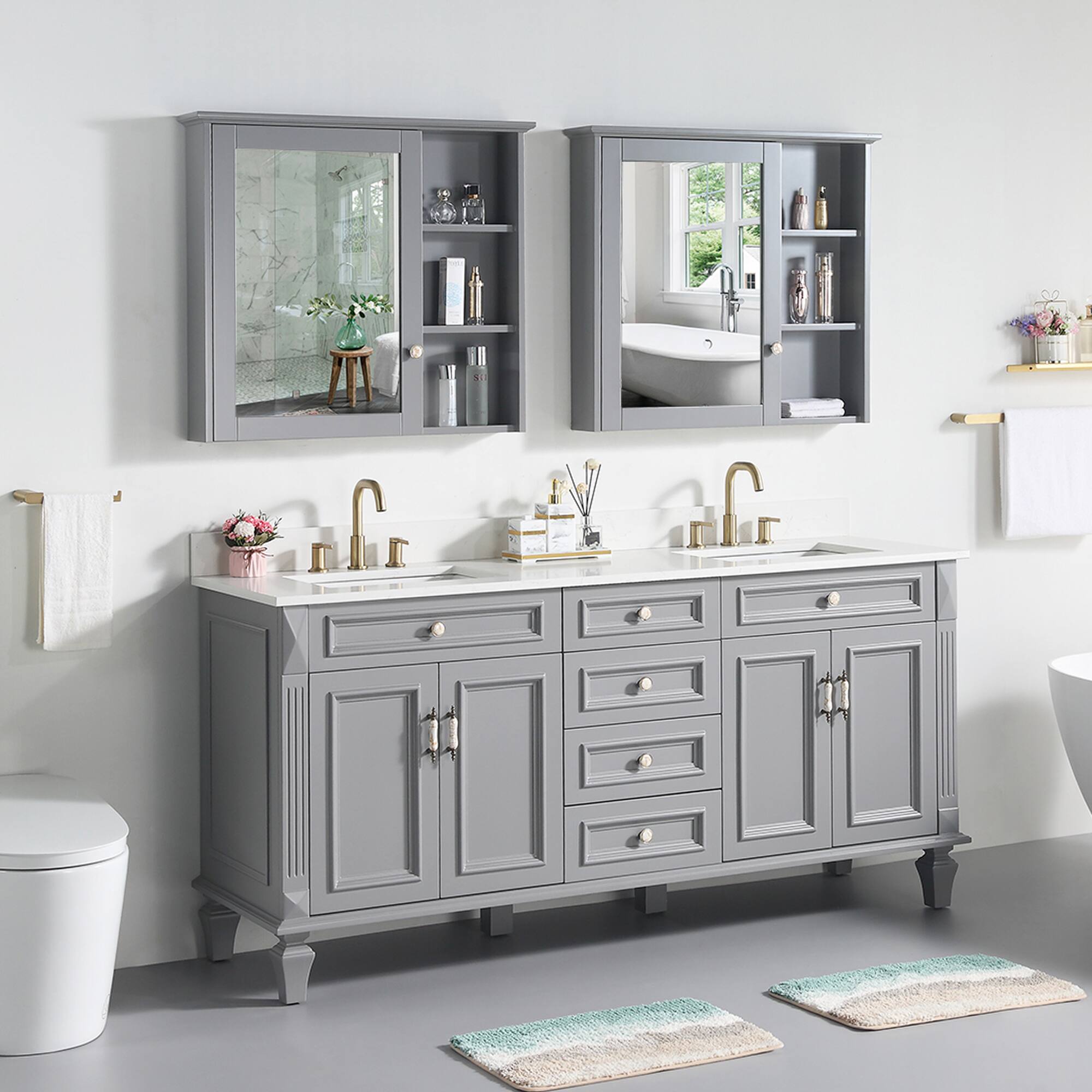 Angle. WELLFOR - ARTWOOD 72 in. Solid Wood Bath Vanity with Quartz Top, Double Sink, Soft Close, Assembled - Gray.