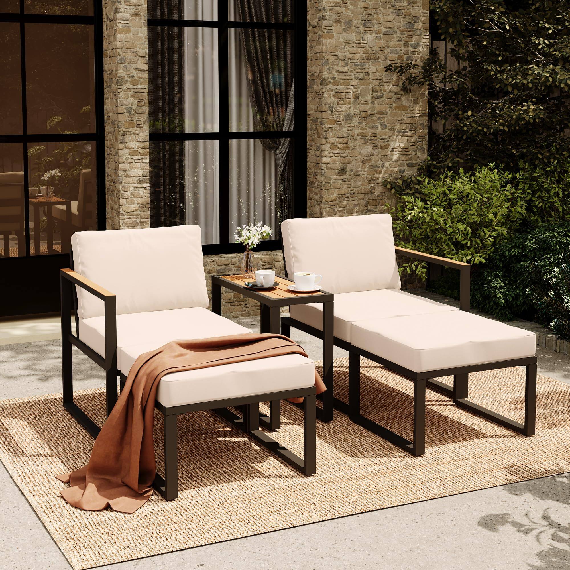 Alt View 1. Yardgrace - Yardgrace 5 Pieces Outdoor Conversation Set, Metal Patio Chairs with Thick Cushions 2 Ottomans&Side Table - Beige.