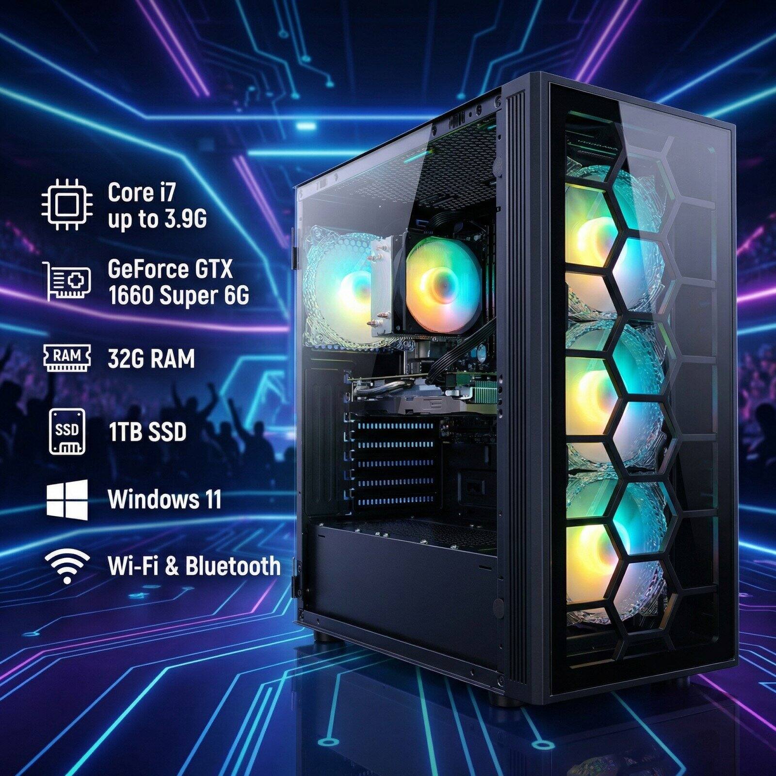 Core i7 up to 3.9G  
GeForce GTX 1660 Super 6G  
32G RAM  
1TB SSD  
Windows 11  
Wi-Fi & Bluetooth