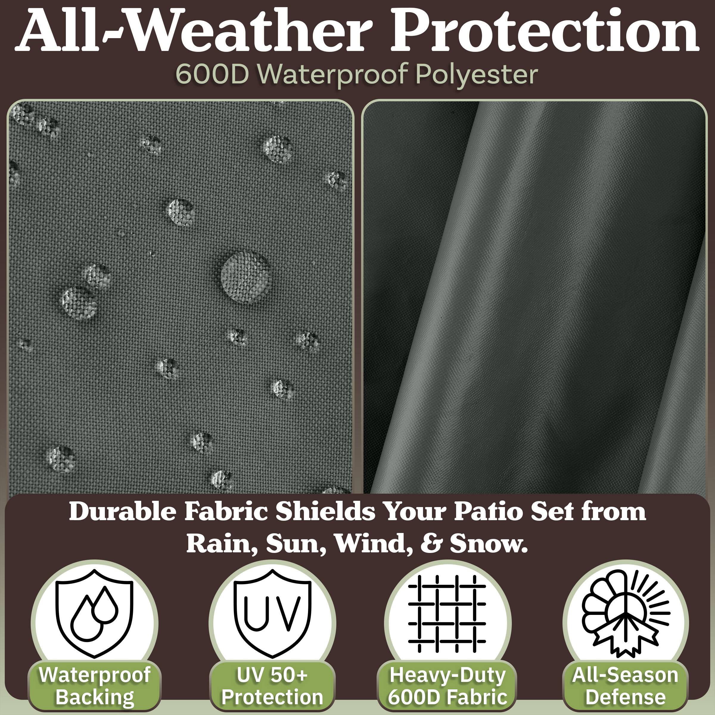 All-Weather Protection  
600D Waterproof Polyester  

Durable Fabric Shields Your Patio Set from Rain, Sun, Wind, & Snow.  

- Waterproof Backing  
- UV 50+ Protection  
- Heavy-Duty 600D Fabric  
- All-Season Defense