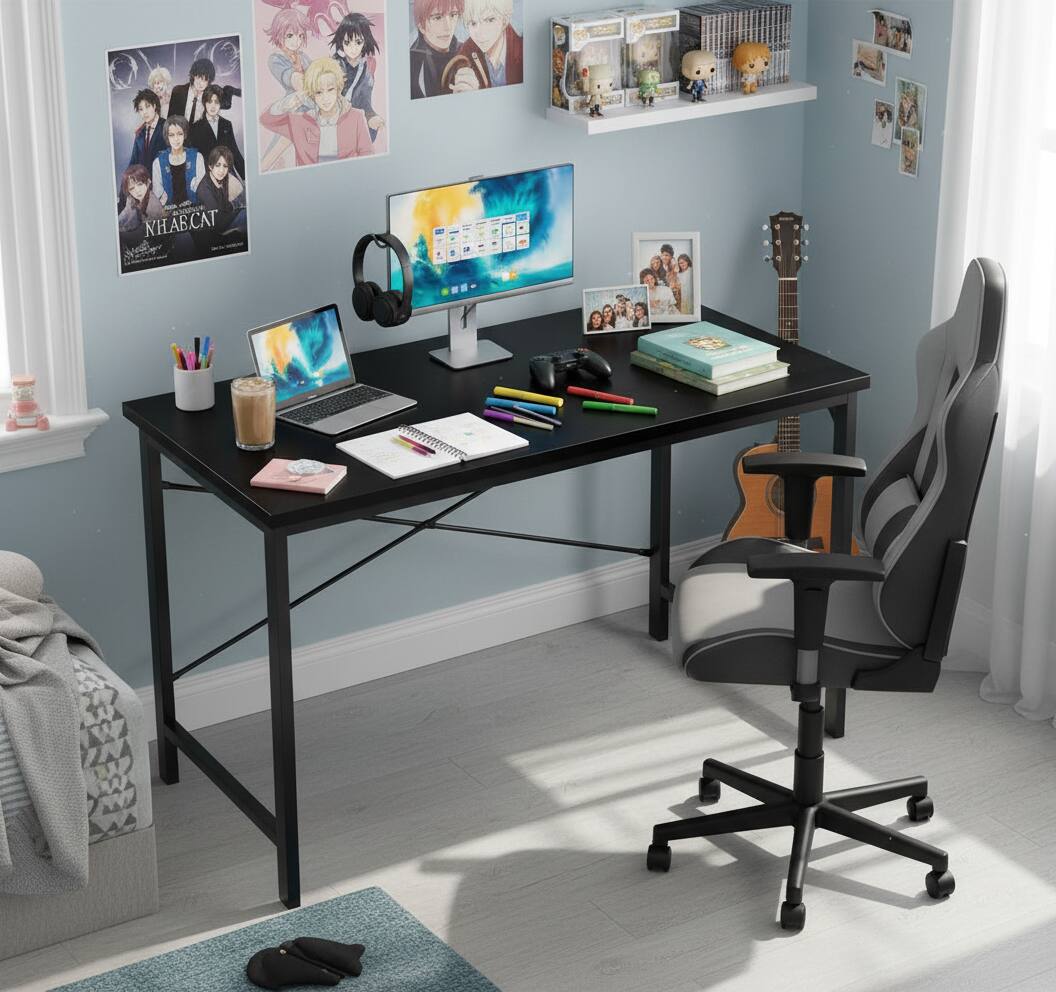 Sure, here is the corrected and grouped text from the image:

---

**Poster on the Wall:**
- "XHAB.CAT"

**Monitor Screen:**
- (Various icons and text, not clearly readable)

**Books on the Shelf:**
- (Titles not clearly readable)

**Other Text:**
- (No other discernible text)

--- 

If you need more specific details or corrections, please let me know!