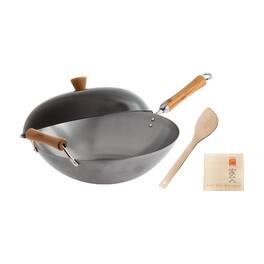 Joyce Chen - Classic Series 14-Inch Uncoated Carbon Steel Flat Bottom Wok Set with Lid and Birch Handles, 4 Pieces - Silver