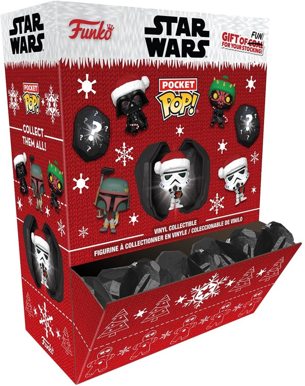 Sure, here is the corrected and grouped text from the image:

---

**STAR WARS**

**Funko**

**POCKET POP!**

**COLLECT THEM ALL!**

**VINYL COLLECTIBLE**

**FIGURINE À COLLECTIONNER EN VINYLE / COLECCIONABLE DE VINILO**

**GIFT OF COAL FOR YOUR STOCKING!**

**FUN!**

---

This text is arranged to reflect the layout and content of the packaging.