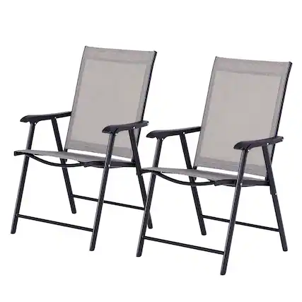 Front. Outsunny - Set of 2 Patio Folding Chairs, Stackable Outdoor Sling Patio Dining Chairs with Armrests for Lawn, Camping, Dining - gray.