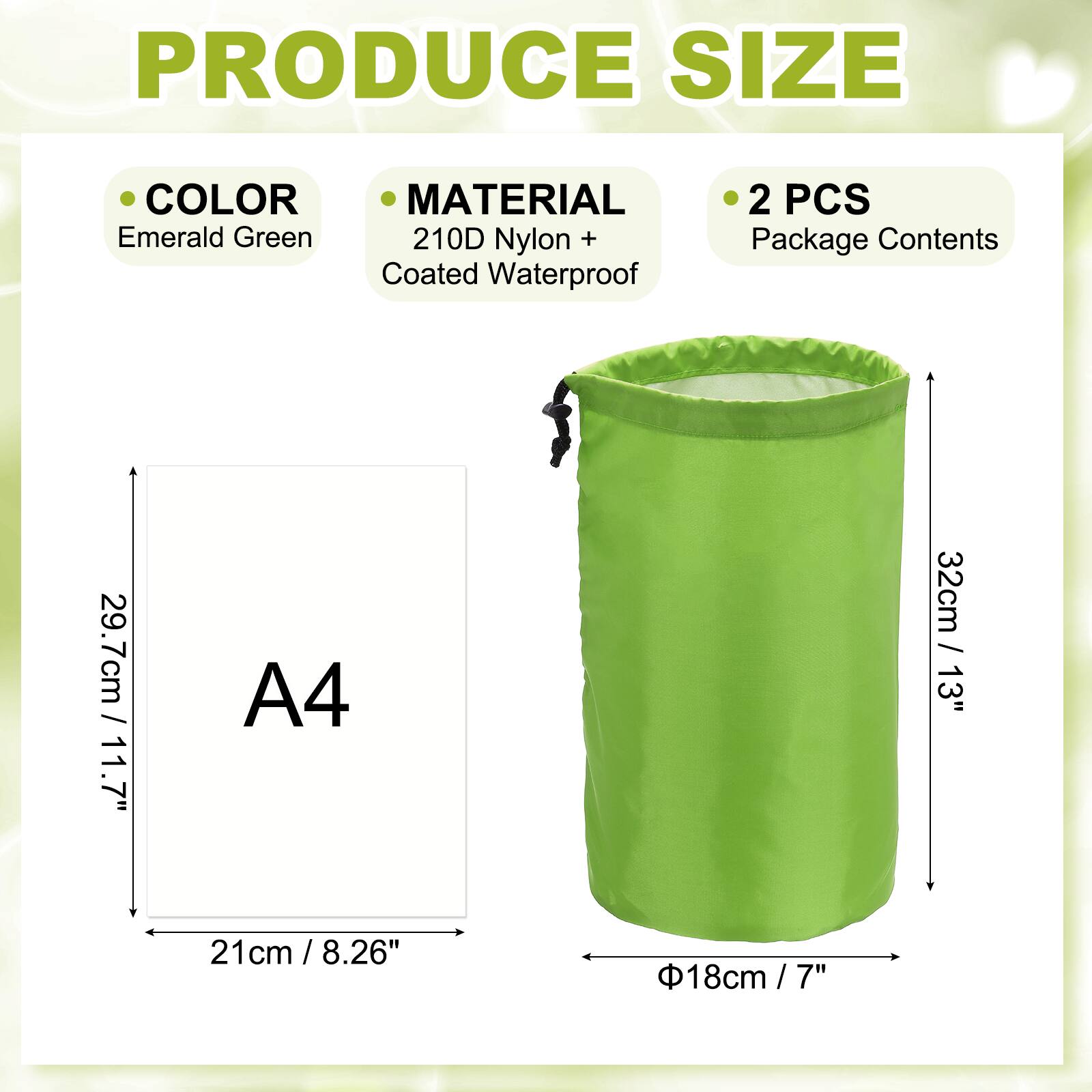- **Color:** Emerald Green
- **Material:** 210D Nylon + Coated Waterproof
- **Package Contents:** 2 PCS

**Size:**
- A4: 29.7cm / 11.7" x 21cm / 8.26"
- Bag: 32cm / 13" x 18cm / 7"