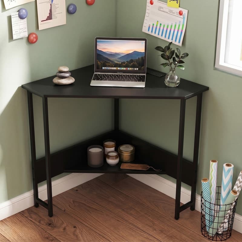 "WELLFOR - 28.5"" Corner Computer Desk with Charging Station & Open Shelf, Triangle Laptop PC Work Table, Small Home office Desk - Black" price history on PriceWatchPro