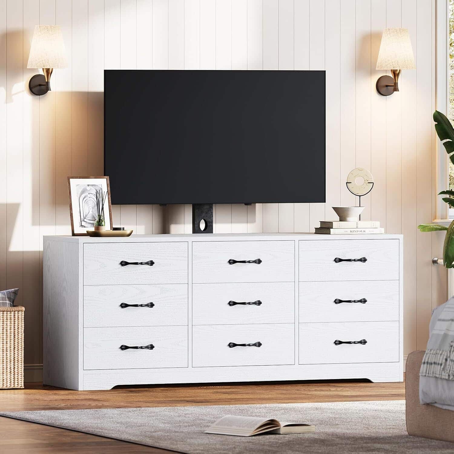 GARVEE - Modern 55" Media Console with 9 Drawers TV Stand with Mount for TVs Up to 85" - White