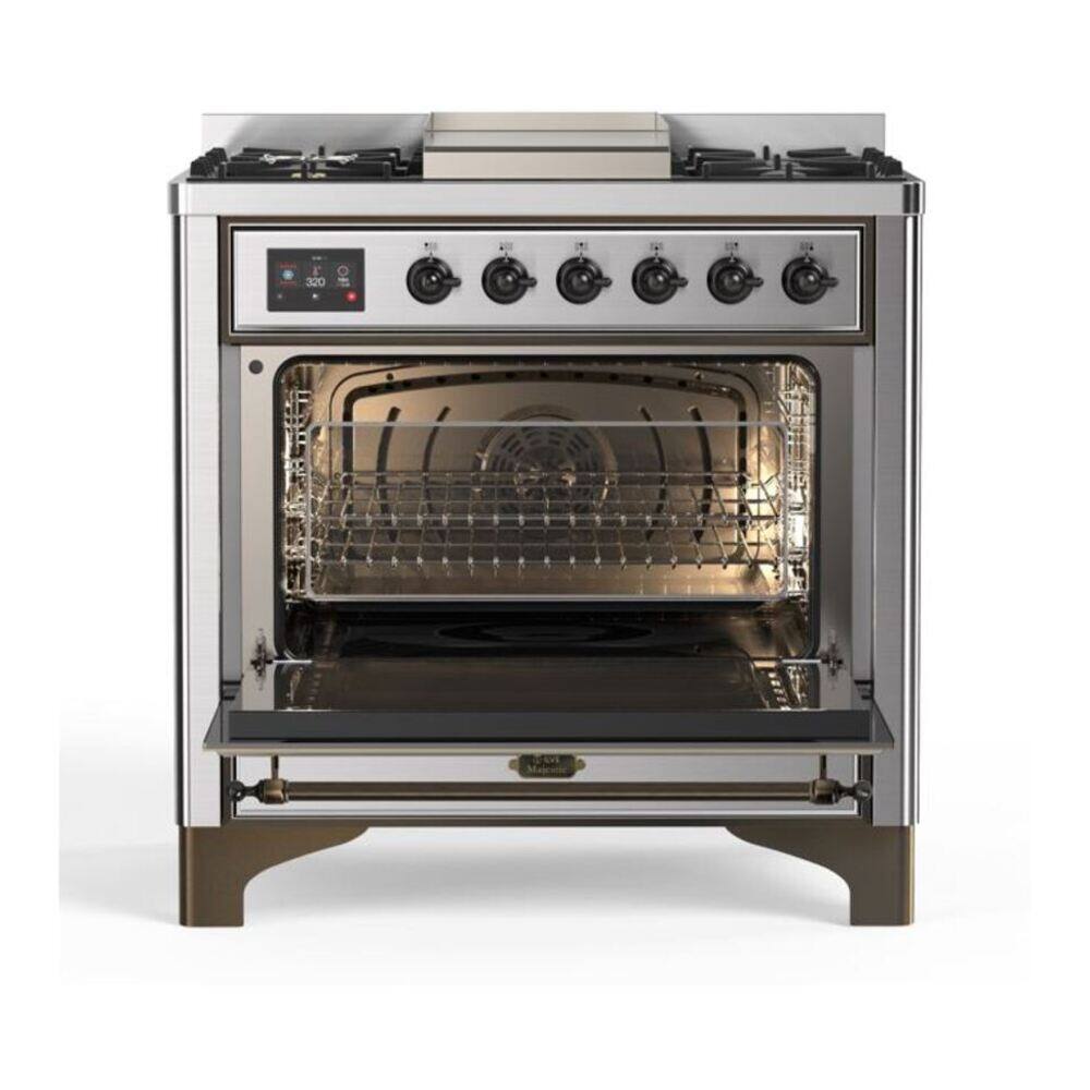 Alt View 1. ILVE - ILVE Majestic II 36 inch Dual Fuel Range with 6 Burners + Griddle (Natural Gas, Stainless Steel, Burnished Trim) - Stainless Steel.