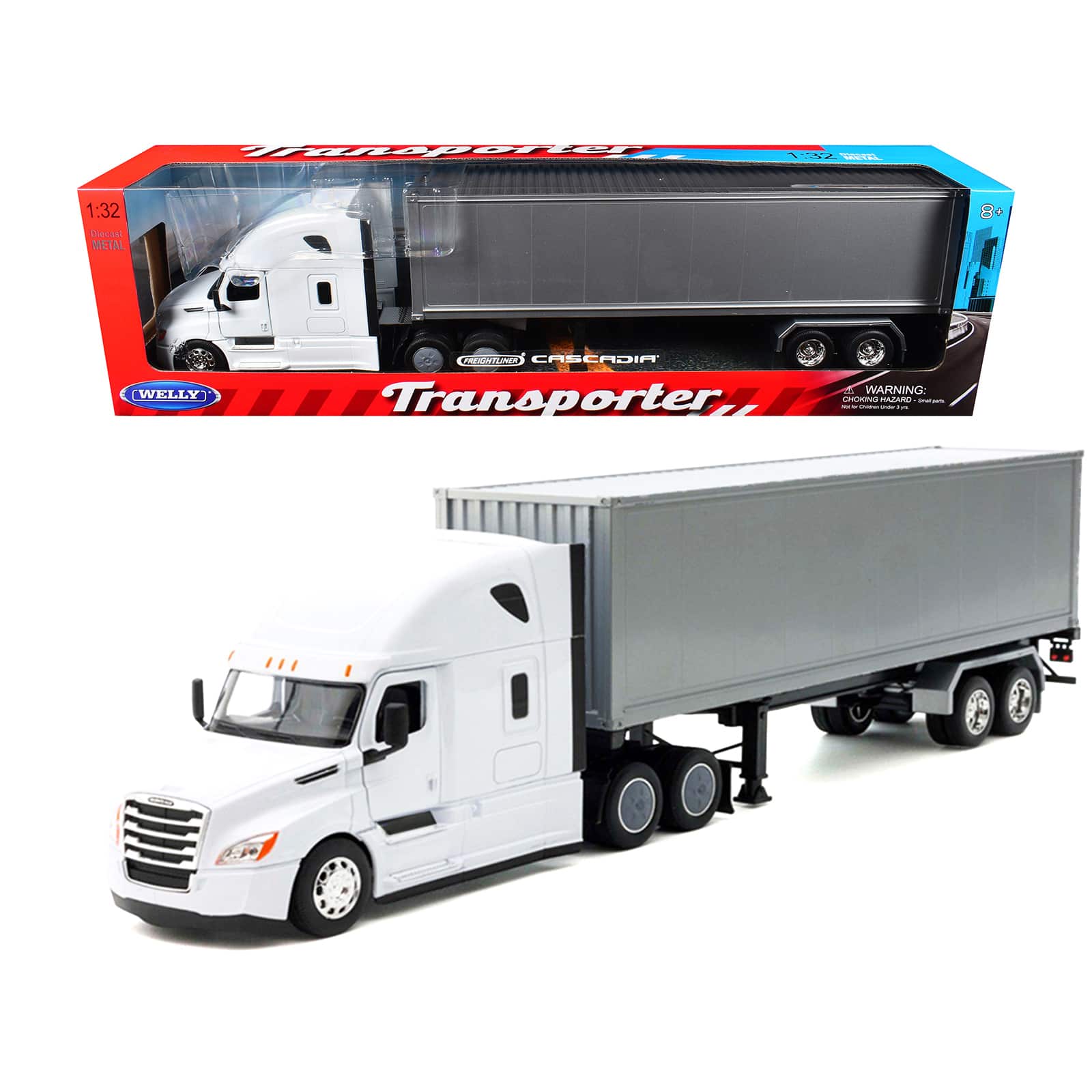"Freightliner Cascadia Truck White with Gray Container ""Transporter"" Series 1/32 Diecast Model by Welly" price history on PriceWatchPro