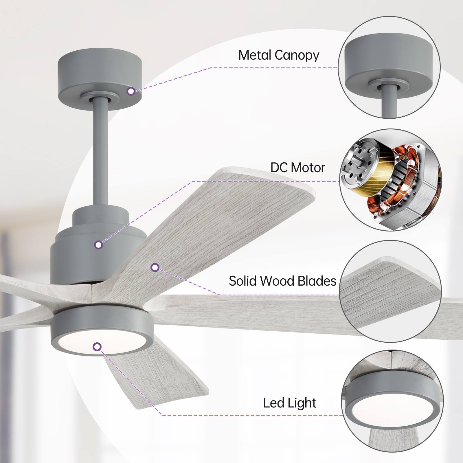 Metal Canopy  
DC Motor  
Solid Wood Blades  
Led Light