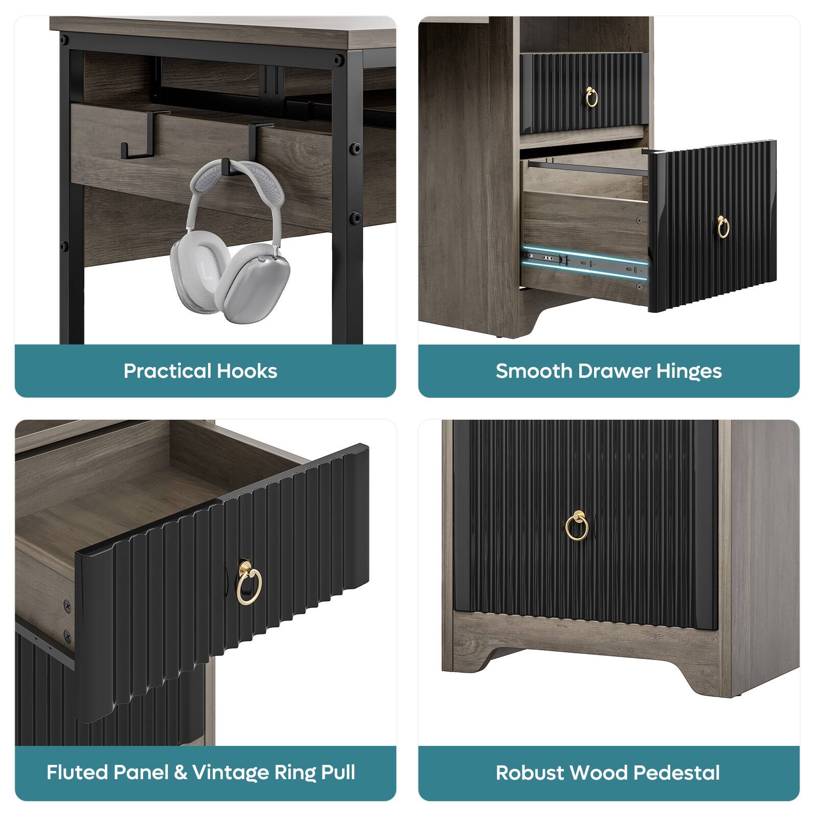 Practical Hooks: Headphones, Hangers, and Hooks for Clothing and Accessories.
Smooth Drawer Hinges: High-quality drawer hinges that provide smooth and easy opening and closing of drawers.
Fluted Panel & Vintage Ring Pull: A combination of a fluted wooden panel and a vintage ring pull for a unique and stylish design.
Robust Wood Pedestal: A sturdy wooden pedestal that can support heavy items and provide a stable base.