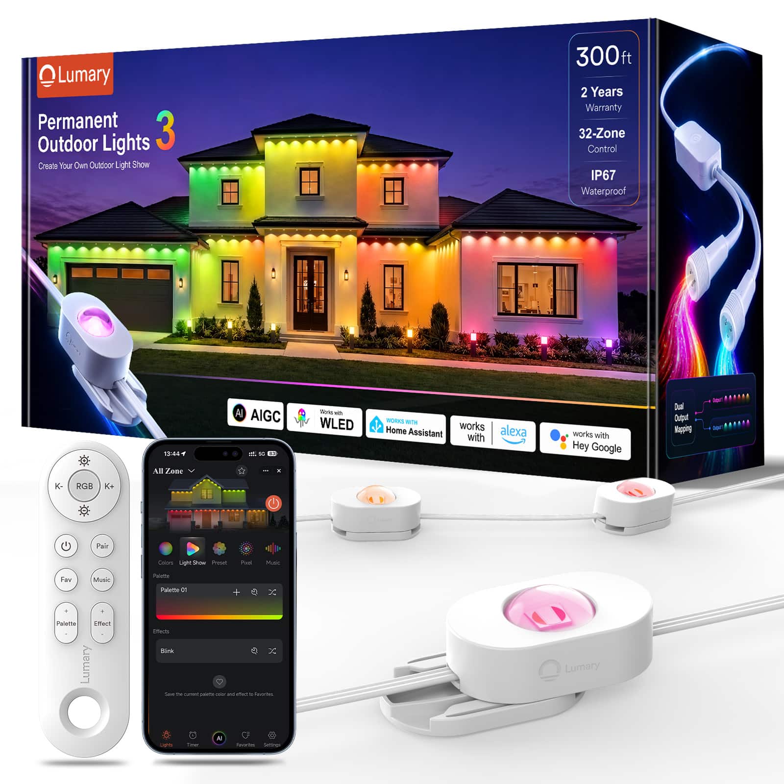 Lumary - 300ft Permanent Outdoor Lights, 180 RGBAICW LEDs, WELD/APP/Voice Control, 10000+ Light Shows - White