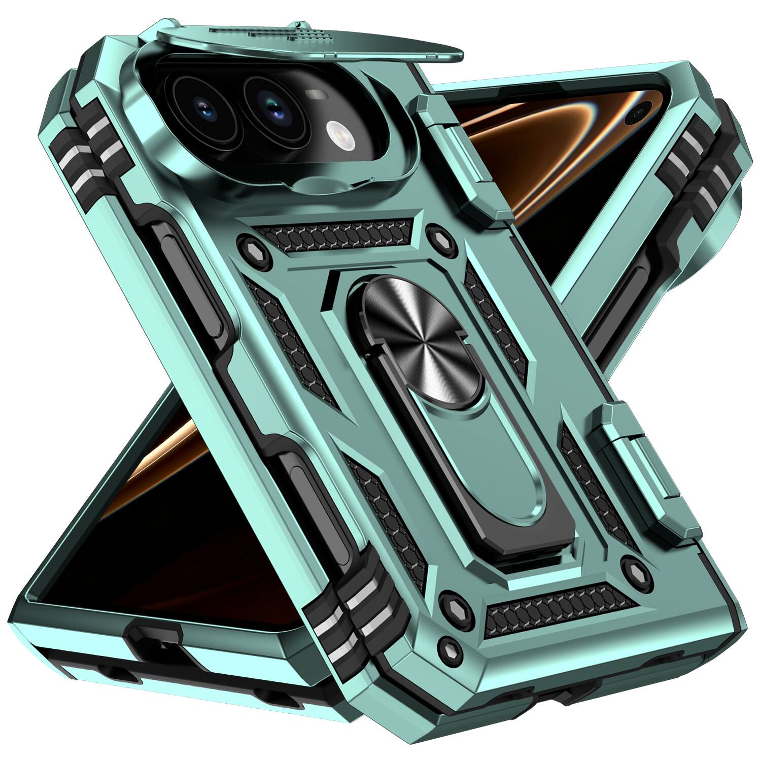 Angle. Dteck - For Apple iPhone Duo Heavy Duty Rugged Case Sliding Lens Cover, Shockproof Ring Kickstand Hinge Protection Cover - Darkgreen.