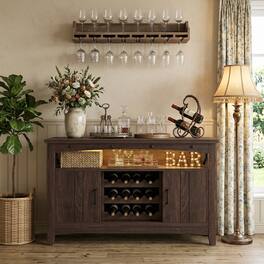 Aheaplus - Farmhouse Coffee Bar Cabinet with Charging Station, LED Lights & Movable Wine Rack - Walnut