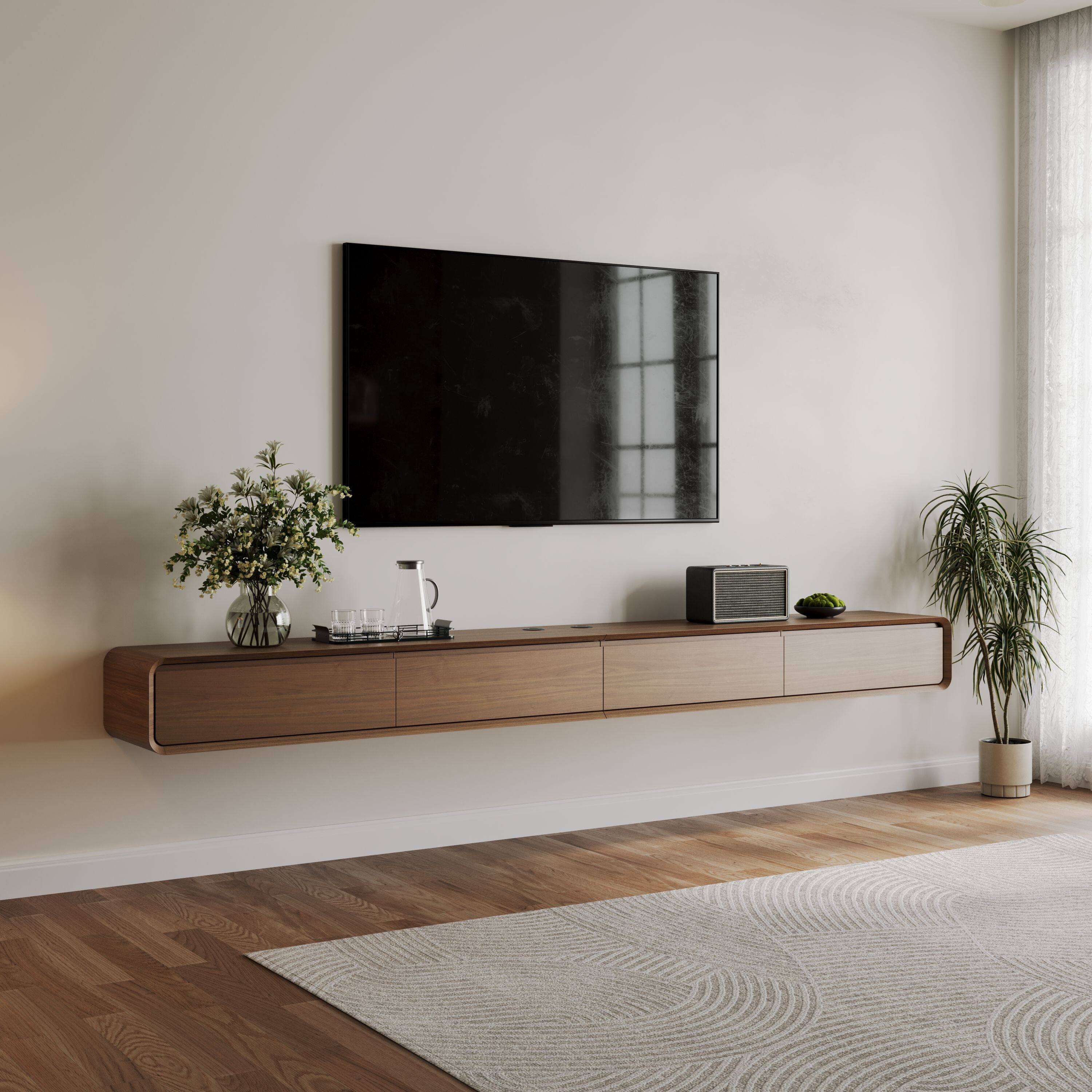 Angle. POVISON - 95" Fully-Assembled Floating TV Stand,Brown - Brown.