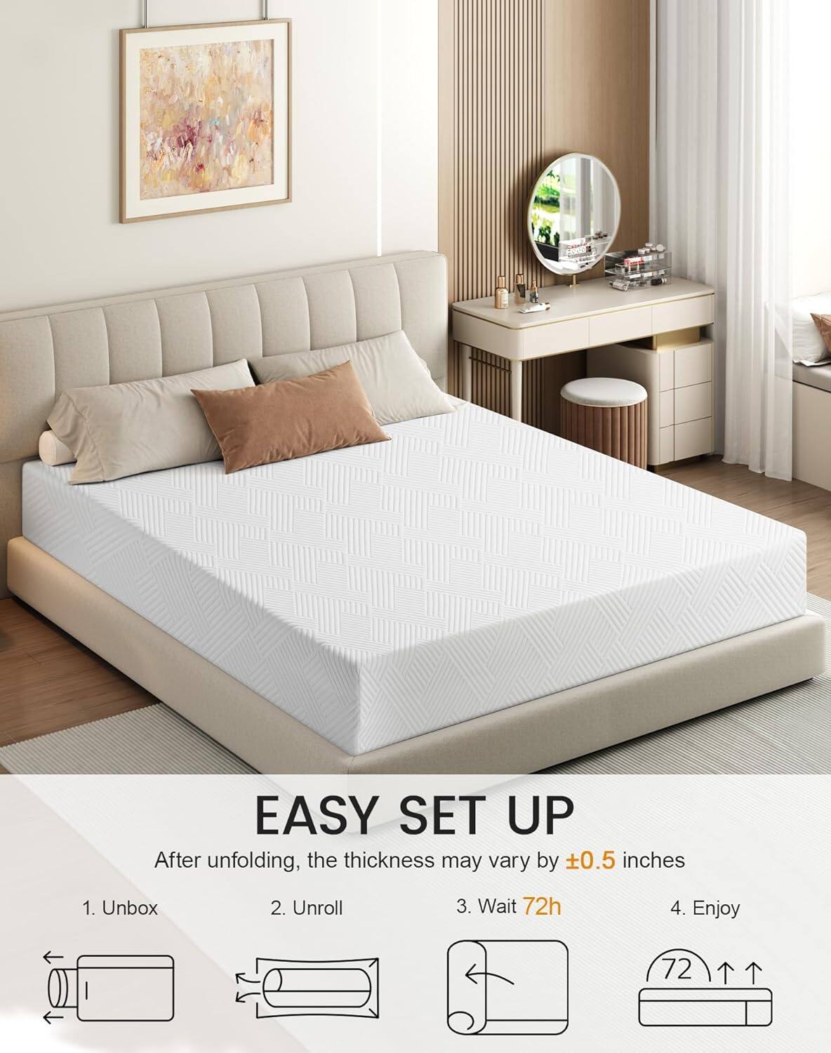 EASY SET UP  
After unfolding, the thickness may vary by +0.5 inches  

1. Unbox  
2. Unroll  
3. Wait 72h  
4. Enjoy