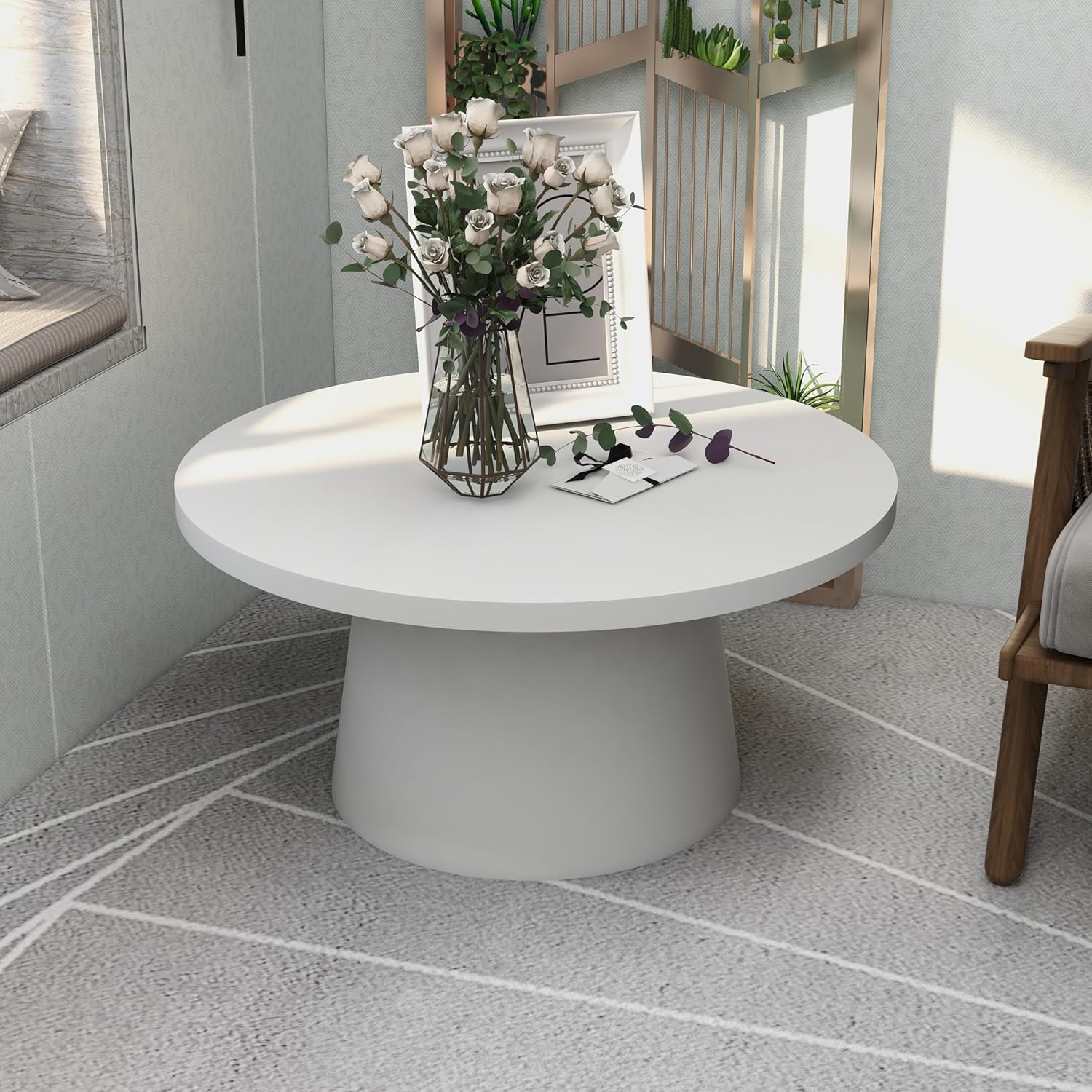 Left. LeisureMod - Dune Large Round Stone Side Table, Durable Fiberstone Indoor/Outdoor Pedestal Accent Table - White.