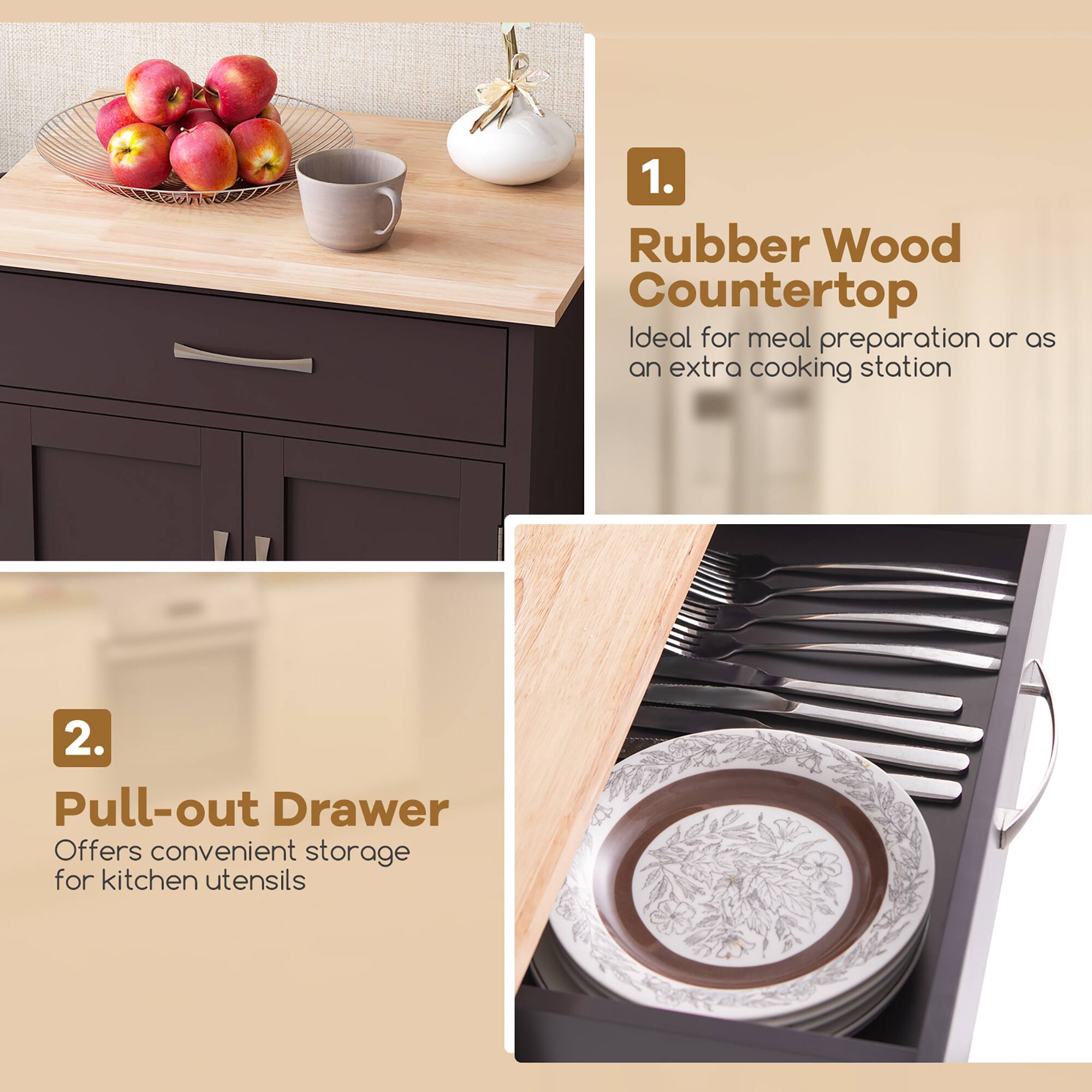 1. Rubber Wood Countertop  
Ideal for meal preparation or as an extra cooking station

2. Pull-out Drawer  
Offers convenient storage for kitchen utensils