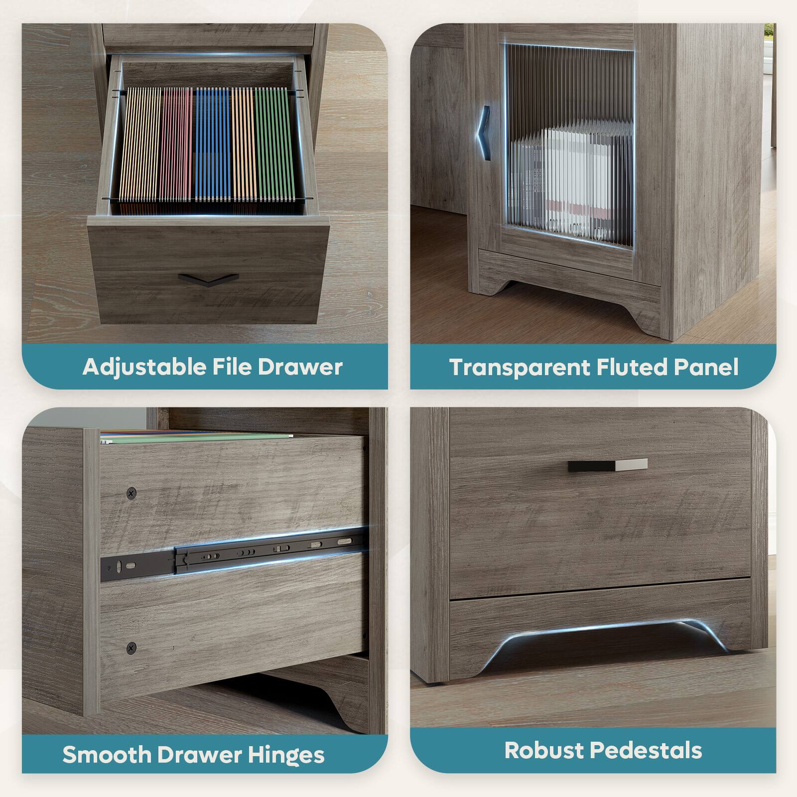 Adjustable File Drawer

Transparent Fluted Panel

Smooth Drawer Hinges

Robust Pedestals