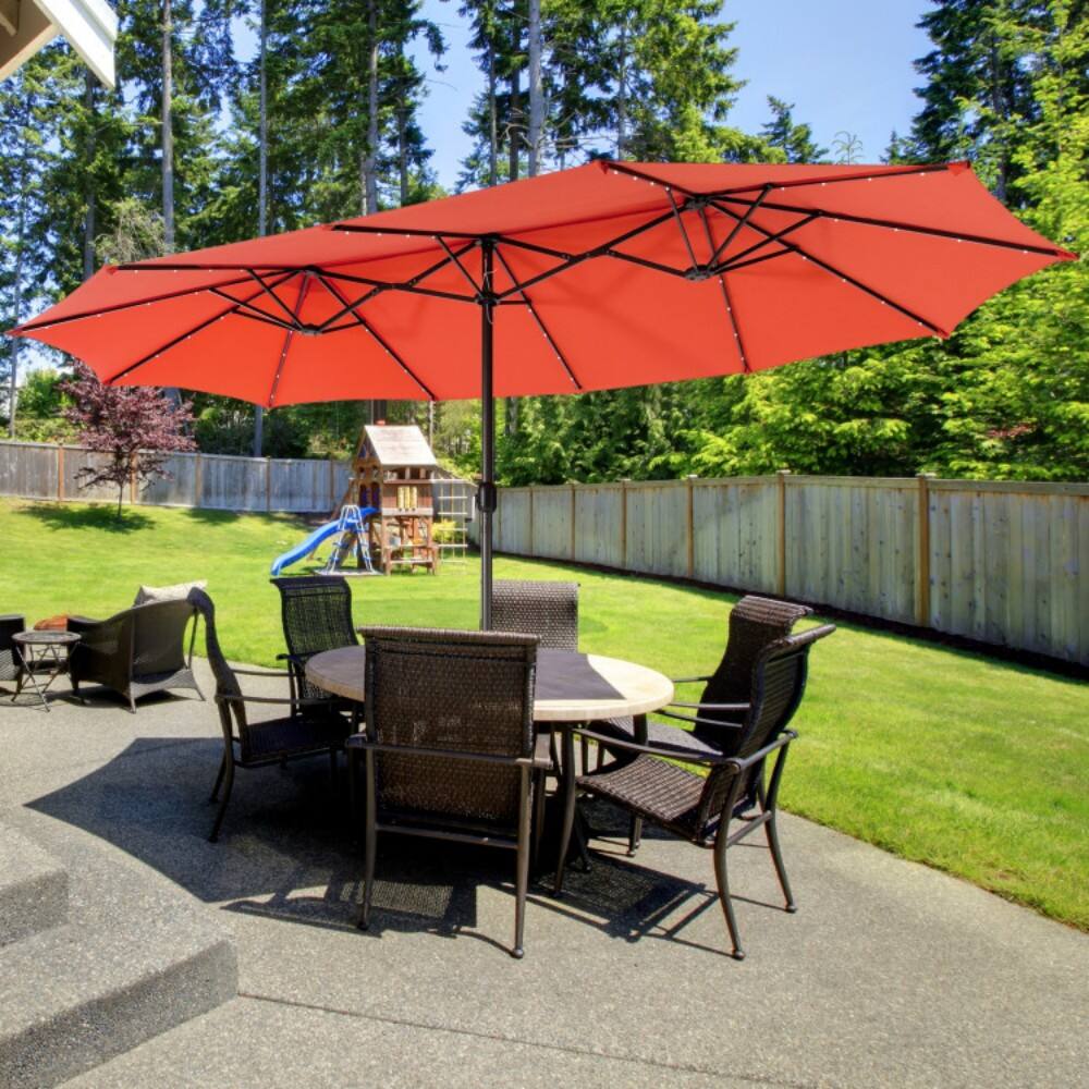 Angle. Mondawe - 15 Feet Twin Patio Umbrella with 48 Solar LED Lights - Orange.
