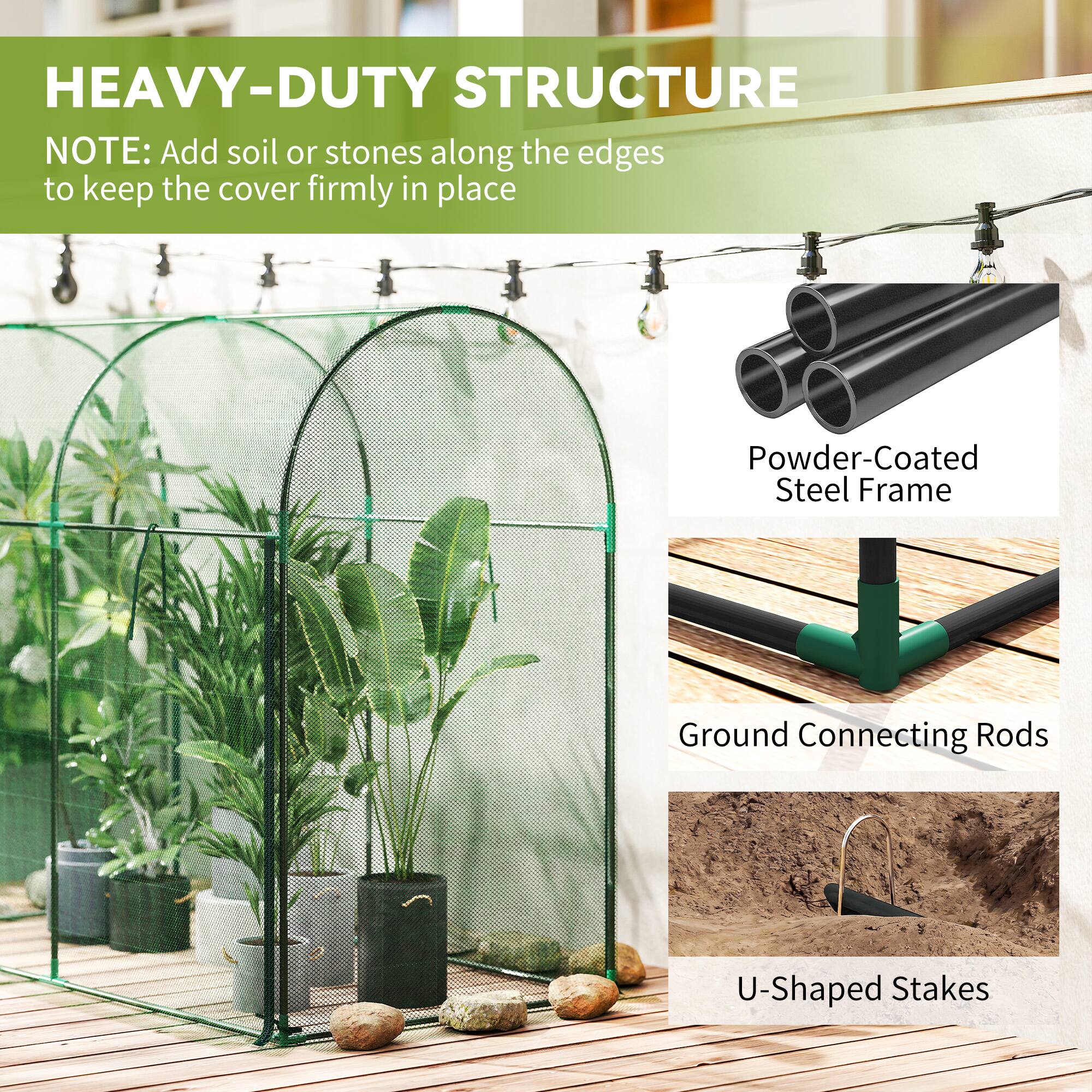 HEAVY-DUTY STRUCTURE  
NOTE: Add soil or stones along the edges to keep the cover firmly in place  

- Powder-Coated Steel Frame  
- Ground Connecting Rods  
- U-Shaped Stakes