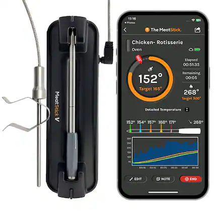 11:16 Photos 574 o The MeatStick. MeatStick < Chicken- Rotisserie Oven 160 Elapsed 00:51:35 Remaining 00:05 Target 165 268 Target 300 Detailed Temperature 152 154 157 168 171 268 300 250 200 150 100 50 00:08 00:16 00:25 00:33 00:41 00:50 EDIT NOTE X END