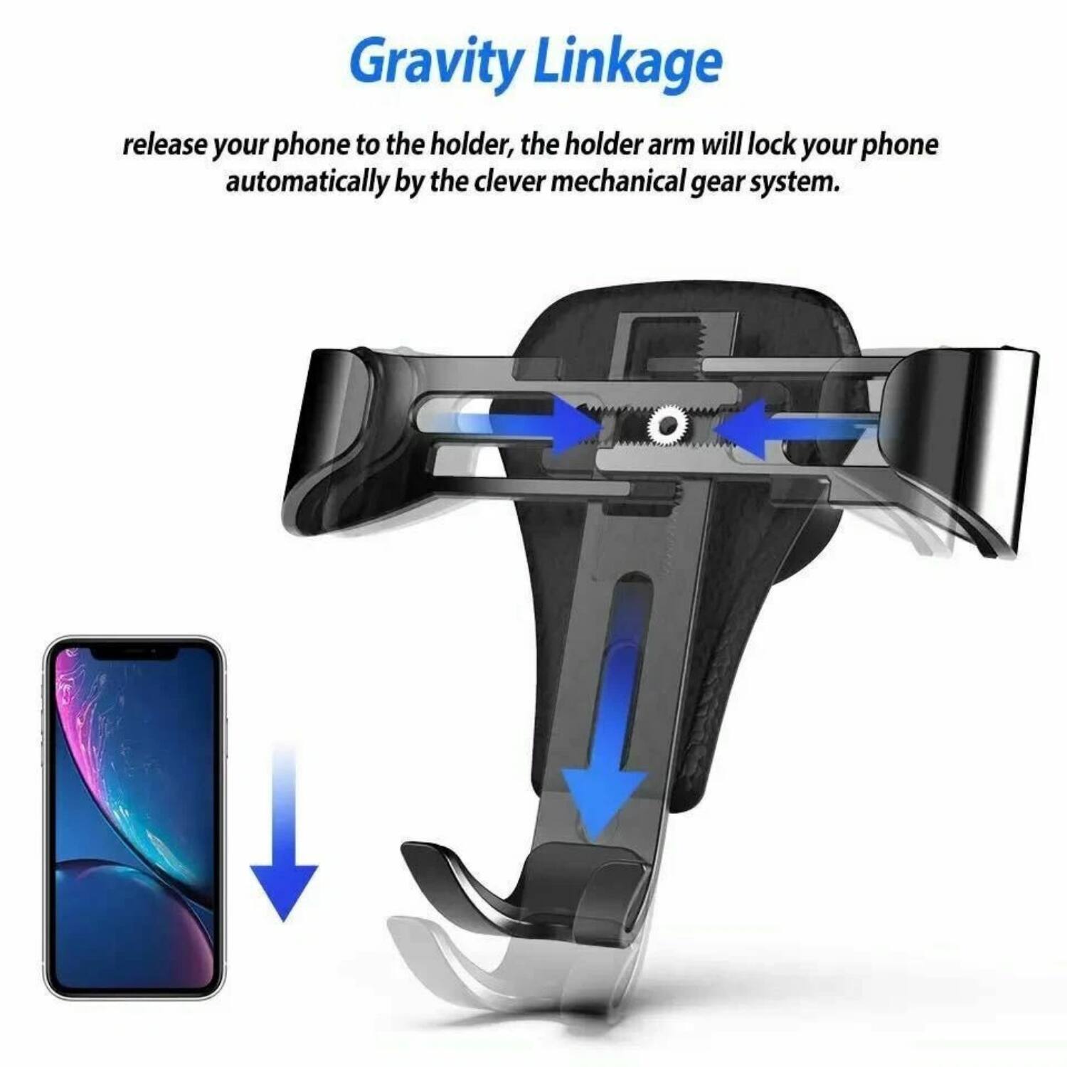 Gravity Linkage: Release your phone to the holder, the holder arm will lock your phone automatically by the clever mechanical gear system.