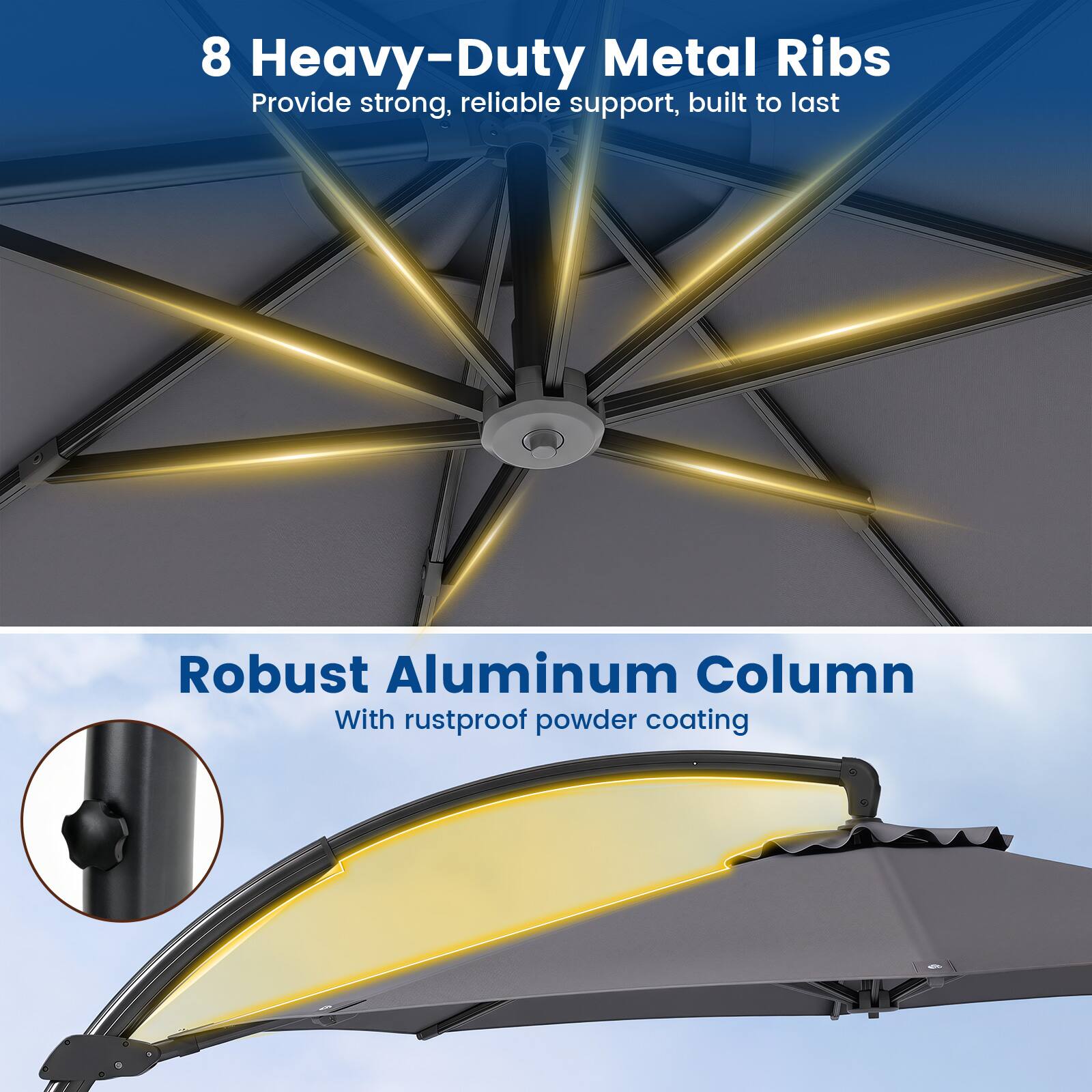 8 Heavy-Duty Metal Ribs Provide strong, reliable support, built to last

Robust Aluminum Column With rustproof powder coating