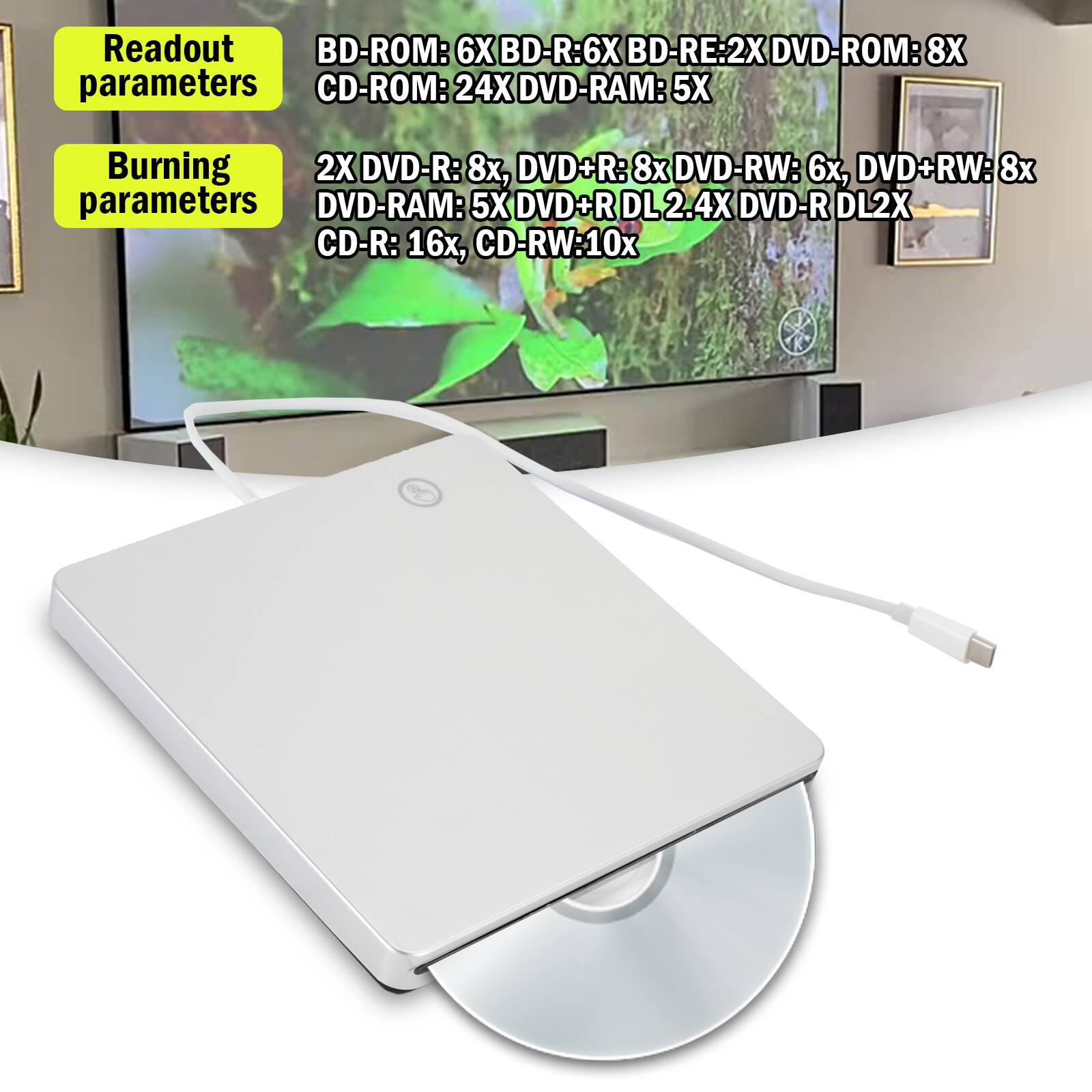 Readout parameters:
- BD-ROM: 6X
- BD-R: 6X
- BD-RE: 2X
- DVD-ROM: 8X
- CD-ROM: 24X
- DVD-RAM: 5X

Burning parameters:
- 2X DVD-R: 8x
- DVD+R: 8x
- DVD-RW: 6x
- DVD+RW: 8x
- DVD-RAM: 5X
- DVD+R DL: 2.4X
- DVD-R DL: 2X
- CD-R: 16x
- CD-RW: 10x