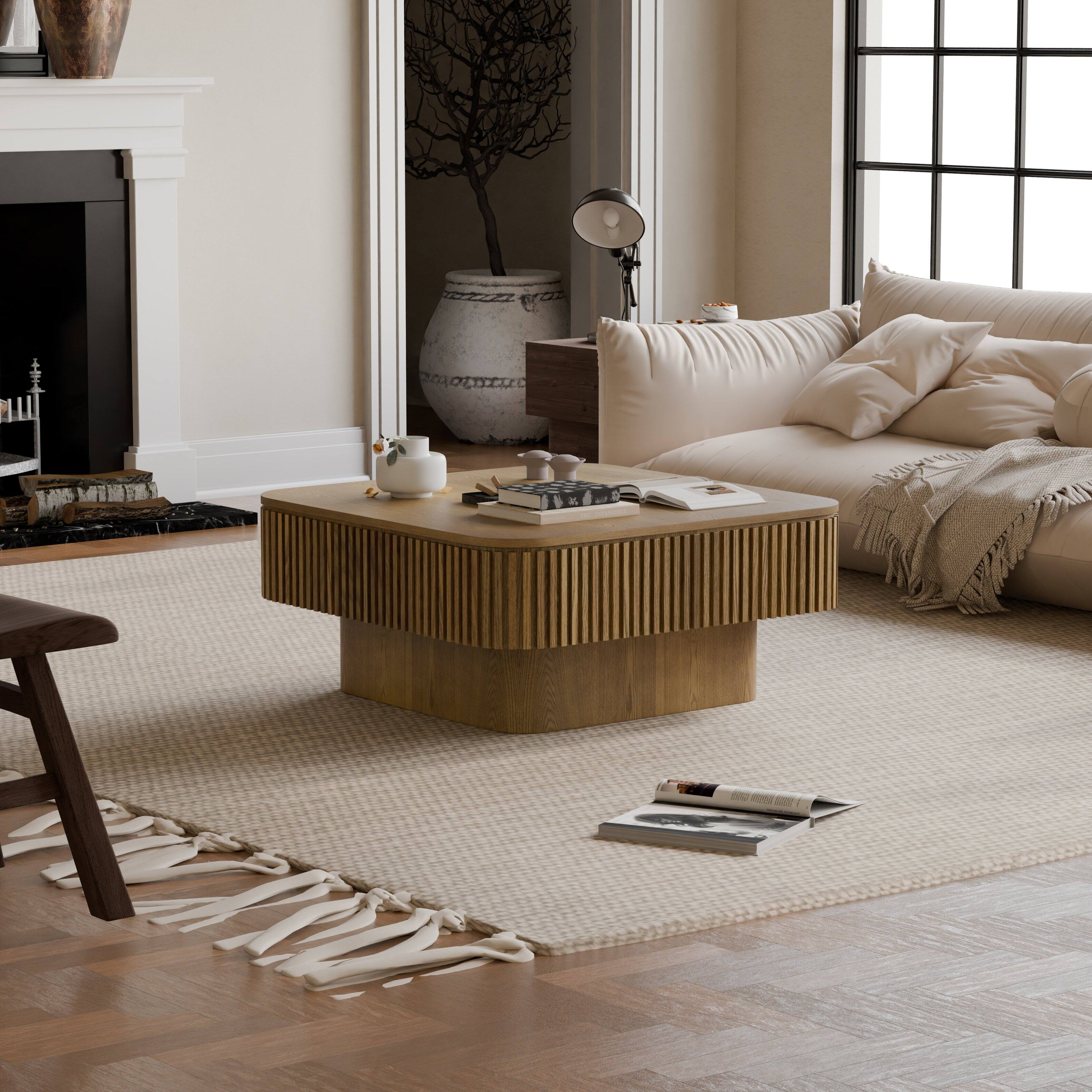 Angle. Loheer - Loheer 31.5 Inch Square Coffee Table with Storage Solid Wood Veneered Modern Brown Accent Tea Table for Living Room - Brown.