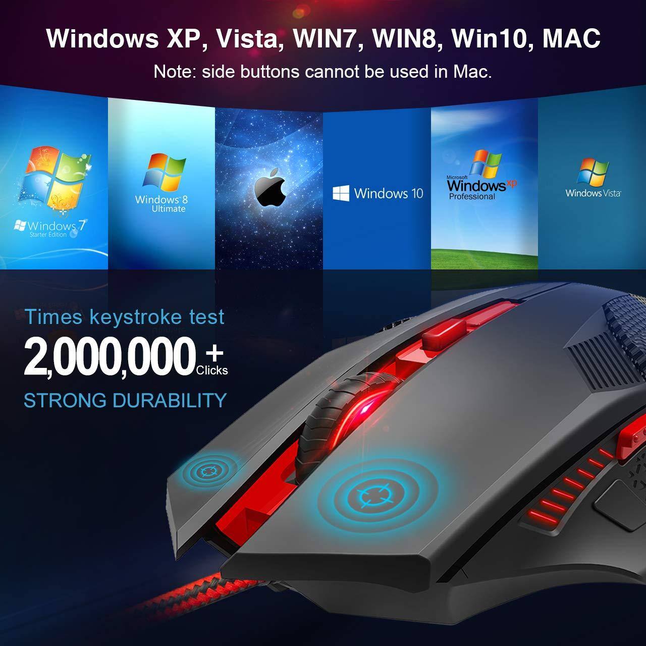 Windows XP, Vista, WIN7, WIN8, Win10, MAC  
Note: side buttons cannot be used in Mac.

Windows 7 Starter Edition  
Windows 8 Ultimate  
Windows 10 Professional  
Windows Vista

Times keystroke test  
2,000,000+ Clicks  
STRONG DURABILITY