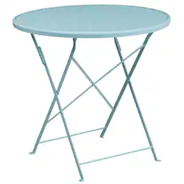 Emma + Oliver - Commercial Grade 30" Round Colorful Metal Garden Patio Folding Patio Table - Sky Blue