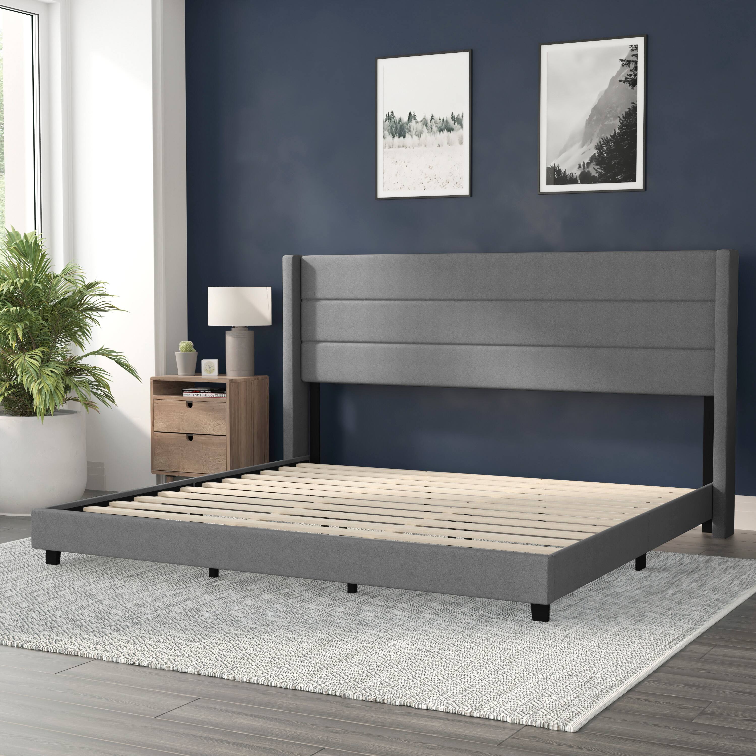 Alt View 3. Alamont Home - Hollis King Size Upholstered Platform Bed with Wingback Headboard - Gray.