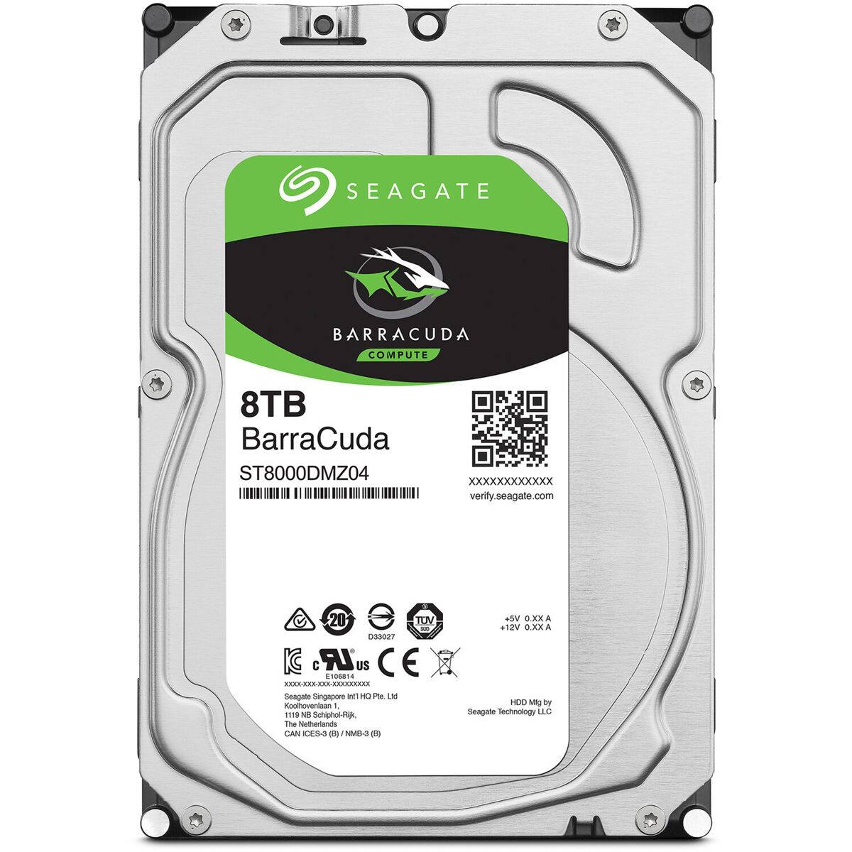 SEAGATE BARRACUDA COMPUTE 8TB  
BarraCuda ST8000DMZ04  
XXXXXXXXXXXX  
verify.seagate.com  
20 TUV - 033027 C LR US C E + 106814 XXXXXXX-XXX-XXXXXXX  
Seagate Singapore  
anti HO Pta N Koothoveniaan 1  
1119  
Schiphol-Rijks The Netherlands  
CAN CES-3 d NMB-3 du +5 O.XX A +12V O.XK A  
HDX Mg by Seagate Technology LLC