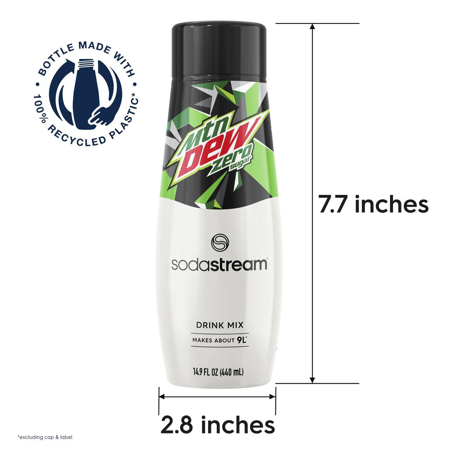 The image features a bottle of Mountain Dew soda, which is made with 100% recycled plastic. The bottle is 7.7 inches tall and is part of the SodaStream drink mix system. The bottle makes about 9 liters or 14.9 fluid ounces (440 mL) of soda, excluding the cap and label. The image also shows that the bottle is 2.8 inches tall.