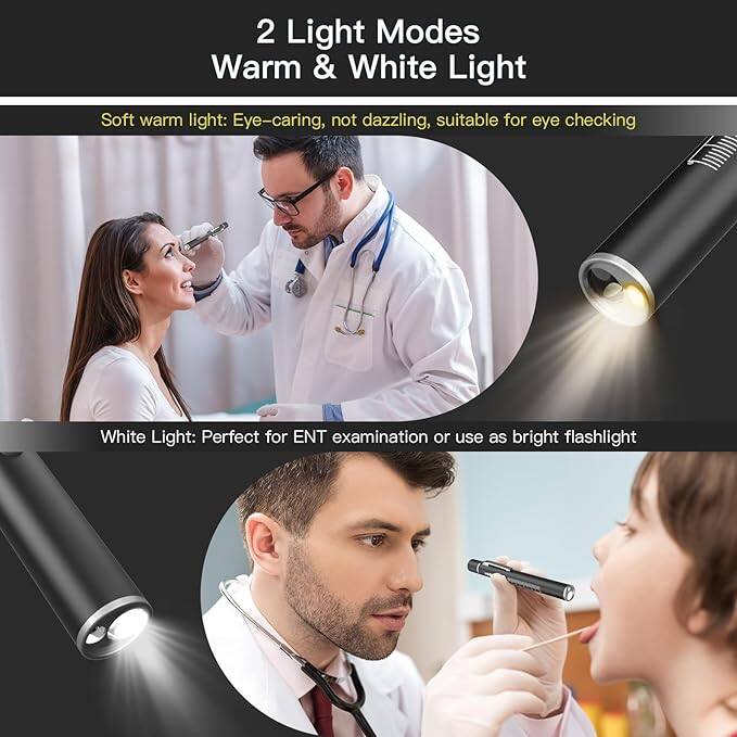2 Light Modes  
Warm & White Light  

Soft warm light: Eye-caring, not dazzling, suitable for eye checking  

White Light: Perfect for ENT examination or use as bright flashlight