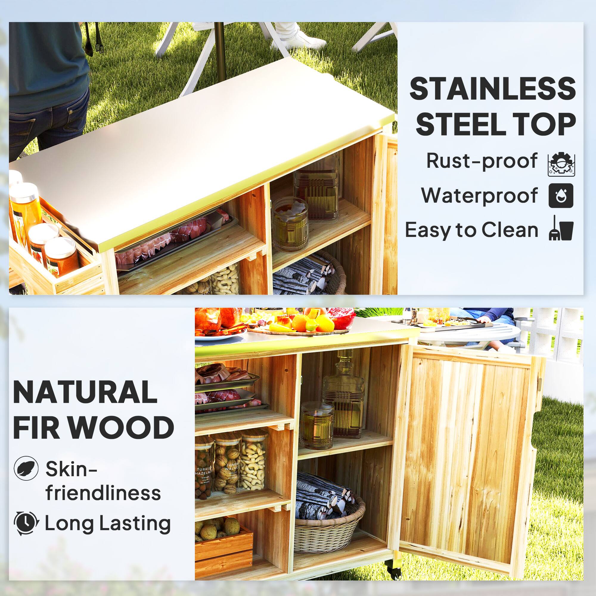 STAINLESS STEEL TOP Rust-proof Waterproof Easy to Clean
NATURAL FIR WOOD Skin-friendliness Long Lasting