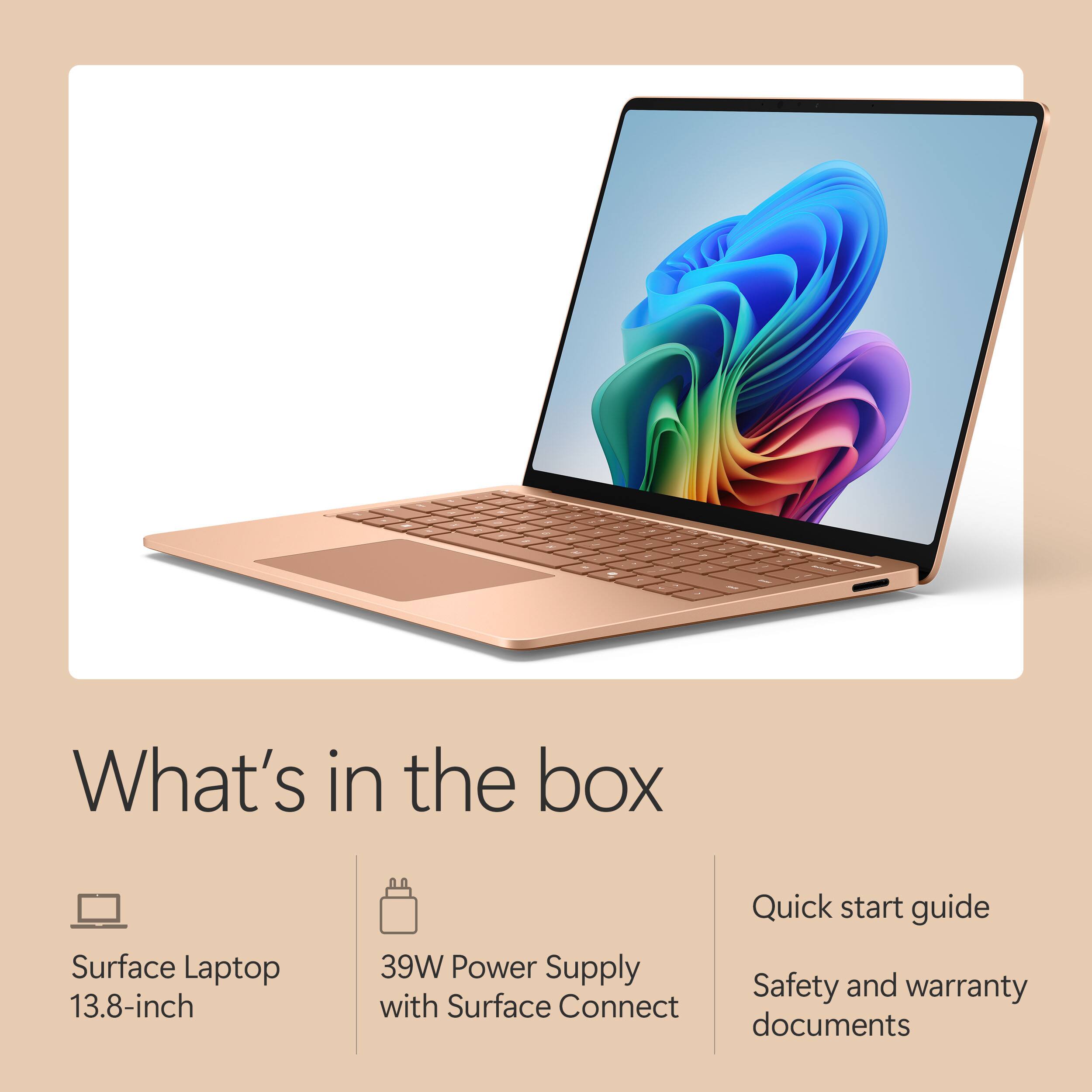 What's in the box

- Surface Laptop 13.8-inch
- 39W Power Supply with Surface Connect
- Quick start guide
- Safety and warranty documents