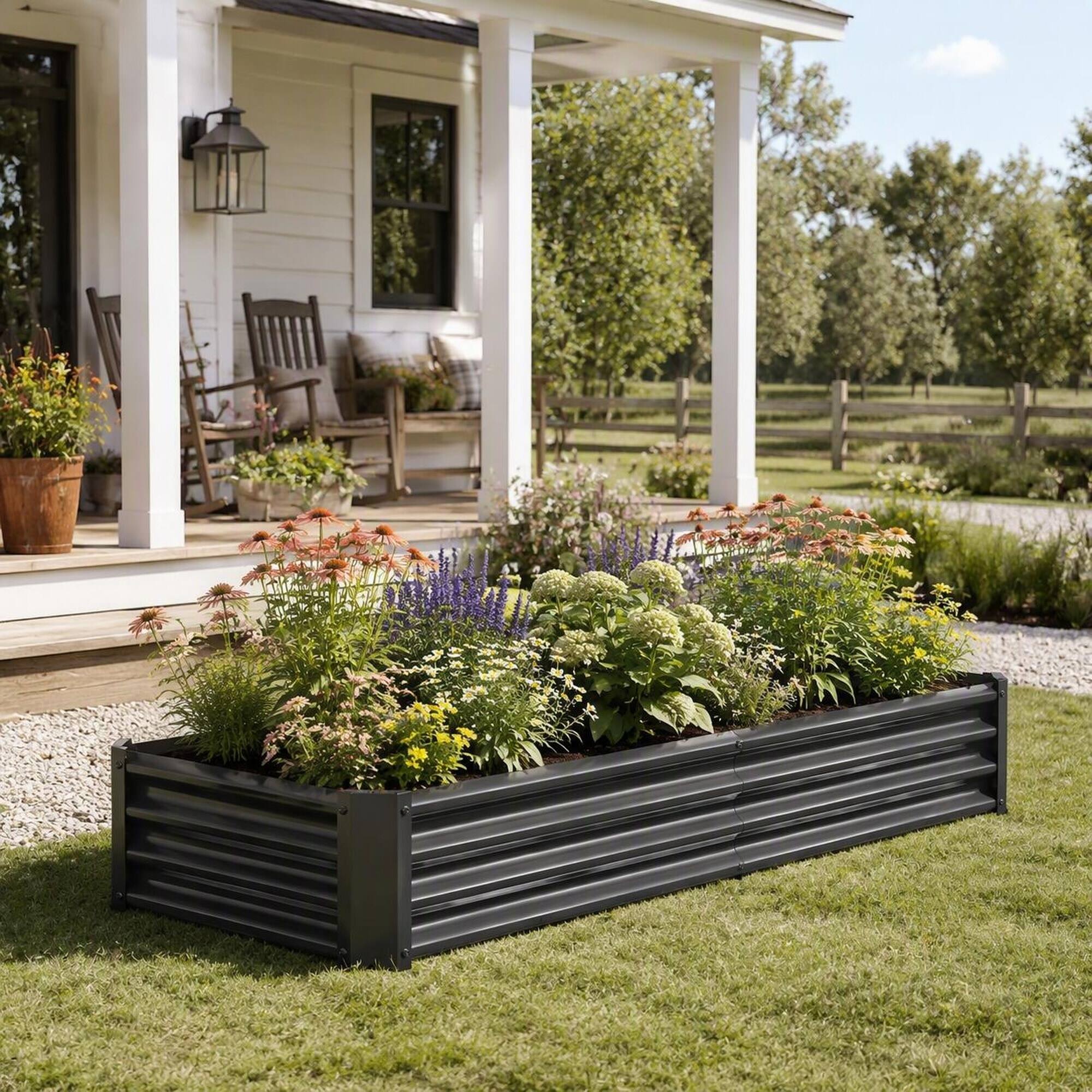 Angle. RYHNUYNE - Metal Raised Garden Bed 6x3x1 ft Outdoor Black Rectangle Planter for Vegetables Flowers with Open Base Drainage - Black.