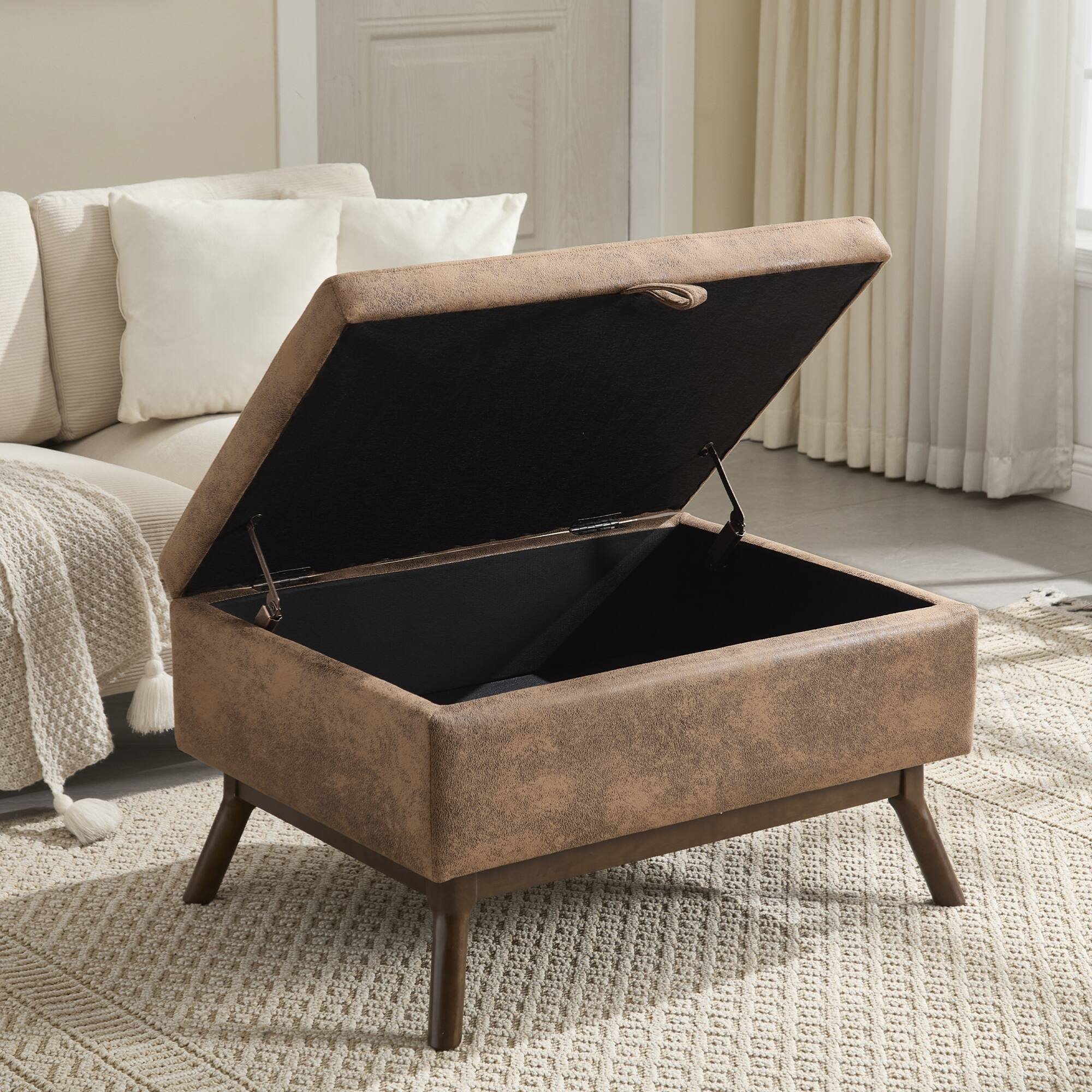 Alt View 4. GOODSILO - Mid-Century Modern Square Storage Ottoman Bench with Lift-Top Lid and Child Safety Hinge - Coffee.