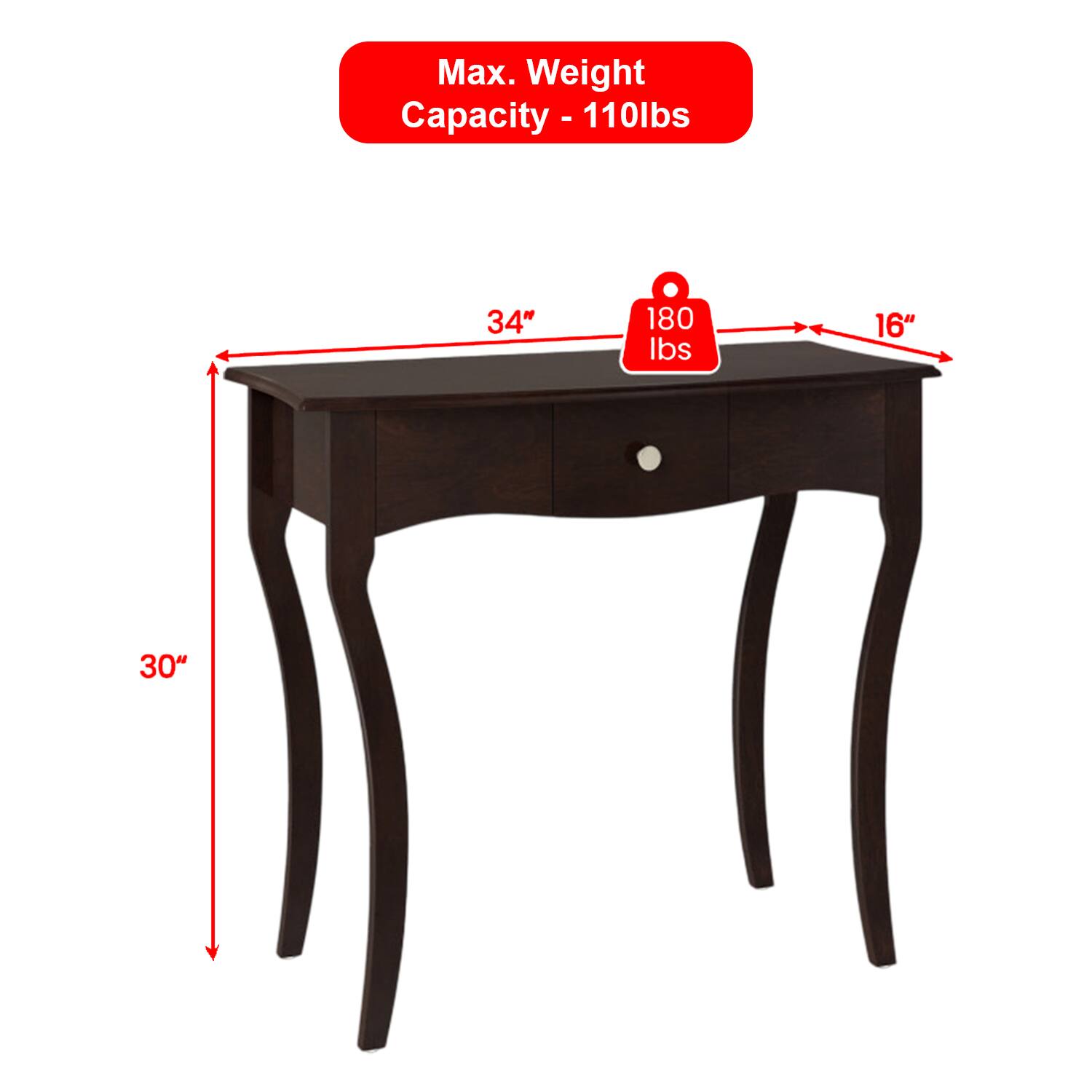 Max. Weight Capacity - 110lbs

34" 180 lbs 16" 30"