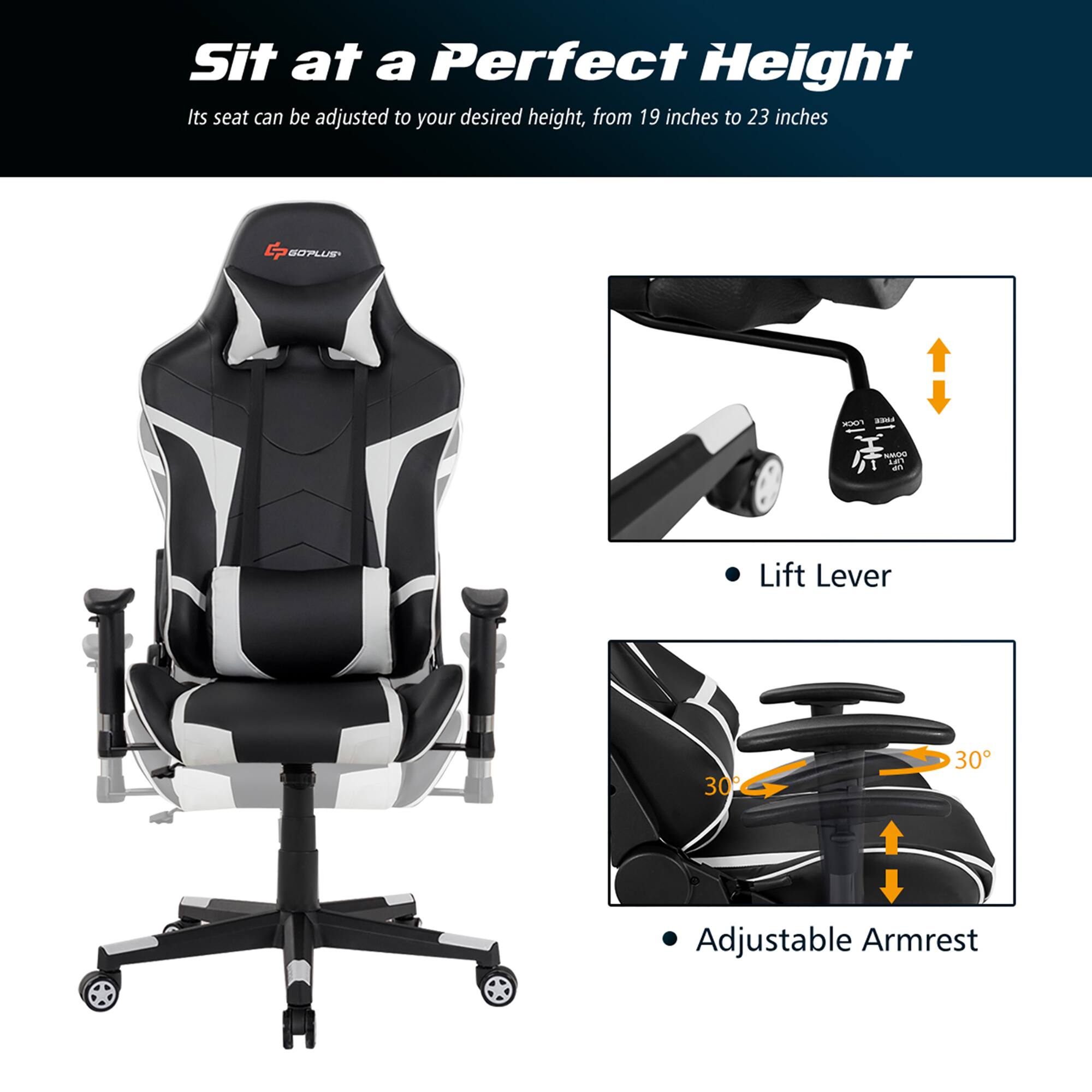 Sit at a Perfect Height Its seat can be adjusted to your desired height, from 19 inches to 23 inches. The chair also features a Lift Lever and an Adjustable Armrest.
