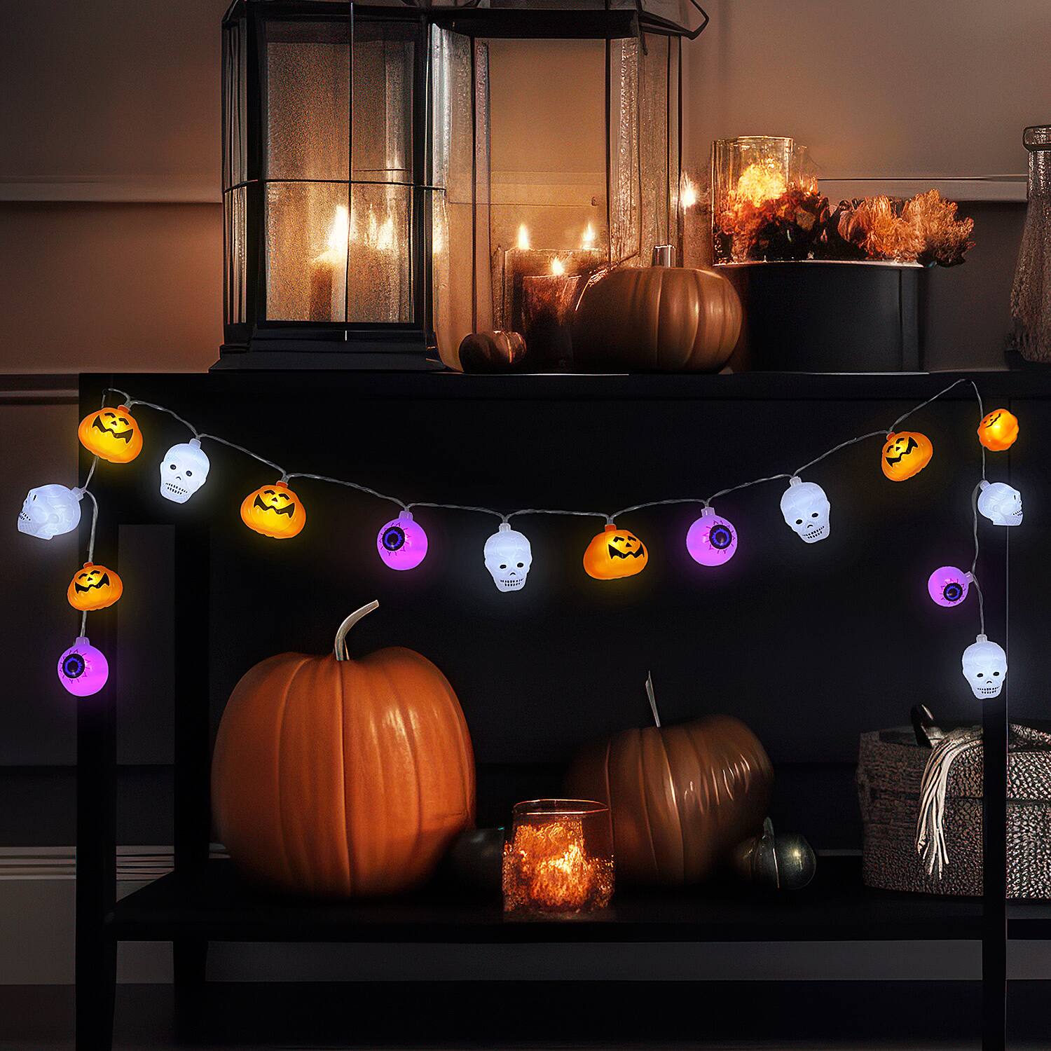 Front. Oumilen - Halloween String Lights, 2M 10-LED Battery Operated Decorative Lights Pumpkin Skull Eyeball Warm White Purple Party - Multicolor.
