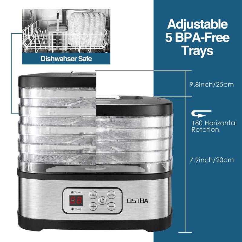 Adjustable 5 BPA-Free Trays  
Dishwasher Safe  
9.8 inch / 25 cm  
180 Horizontal Rotation  
7.9 inch / 20 cm  
Time: 0.8  
Temp: + Temp  
OSTBA