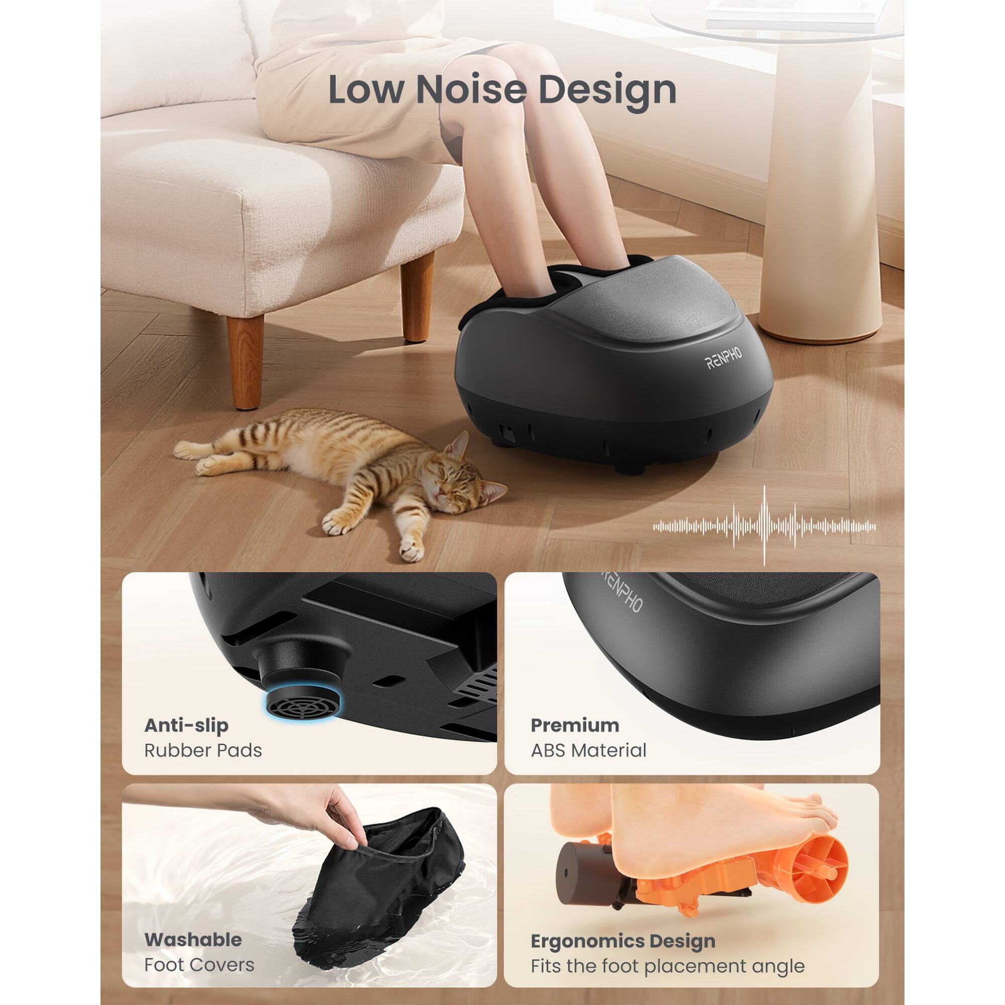 Low Noise Design  
RENPHO ENPHO  
Anti-slip Rubber Pads  
Premium ABS Material  
Washable Foot Covers  
Ergonomics Design  
Fits the foot placement angle