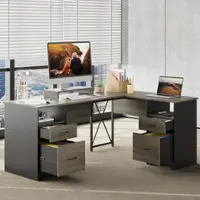 Bestier 63-inch L-Shaped Gaming Desk with Two File and Storage Drawers Corner Executive Desk for Home Office - Gray - Front_Zoom